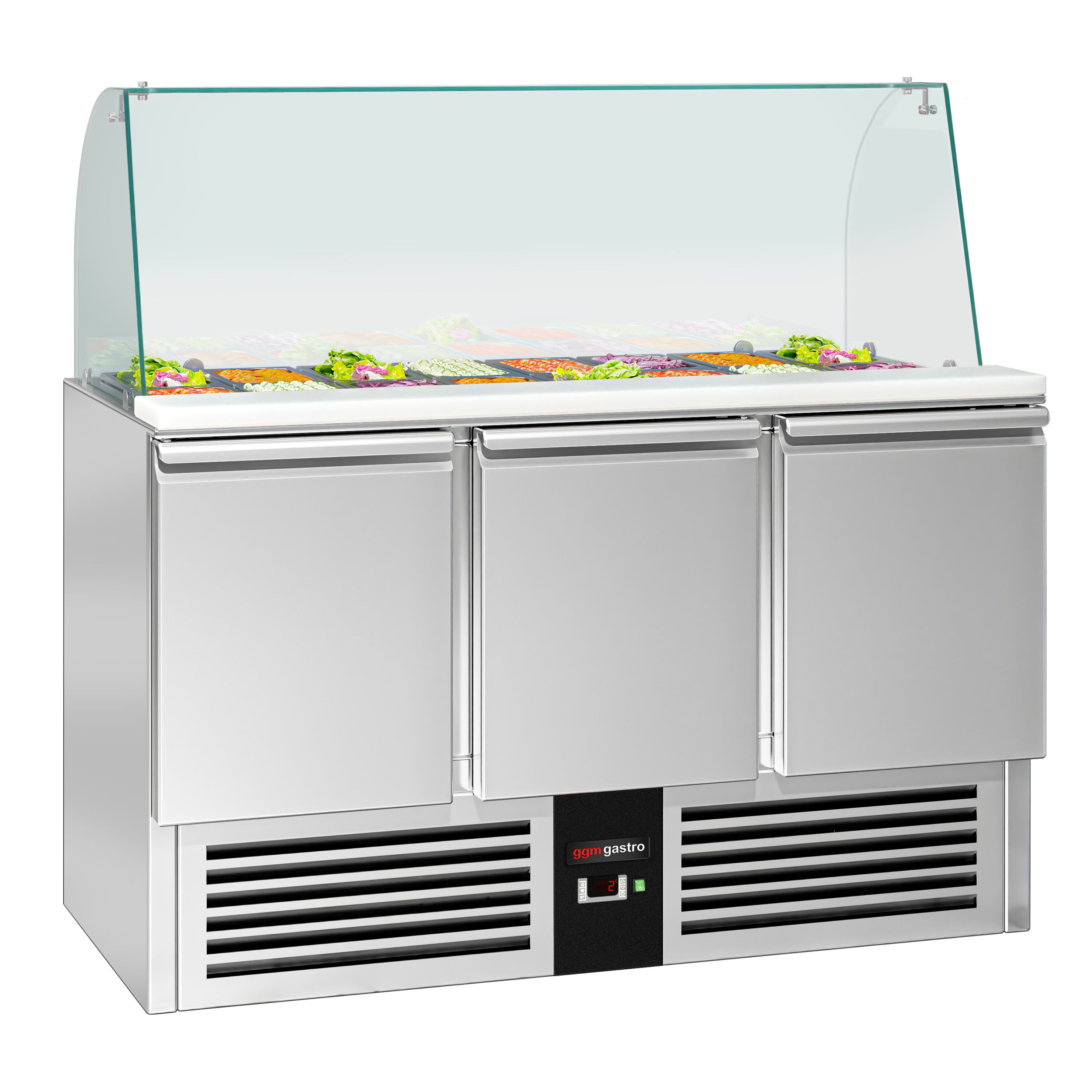 Saladette réfrigérée PREMIUM - 1368mm - 368L - 3 portes - avec vitrine de comptoir pour 4x GN 1/1