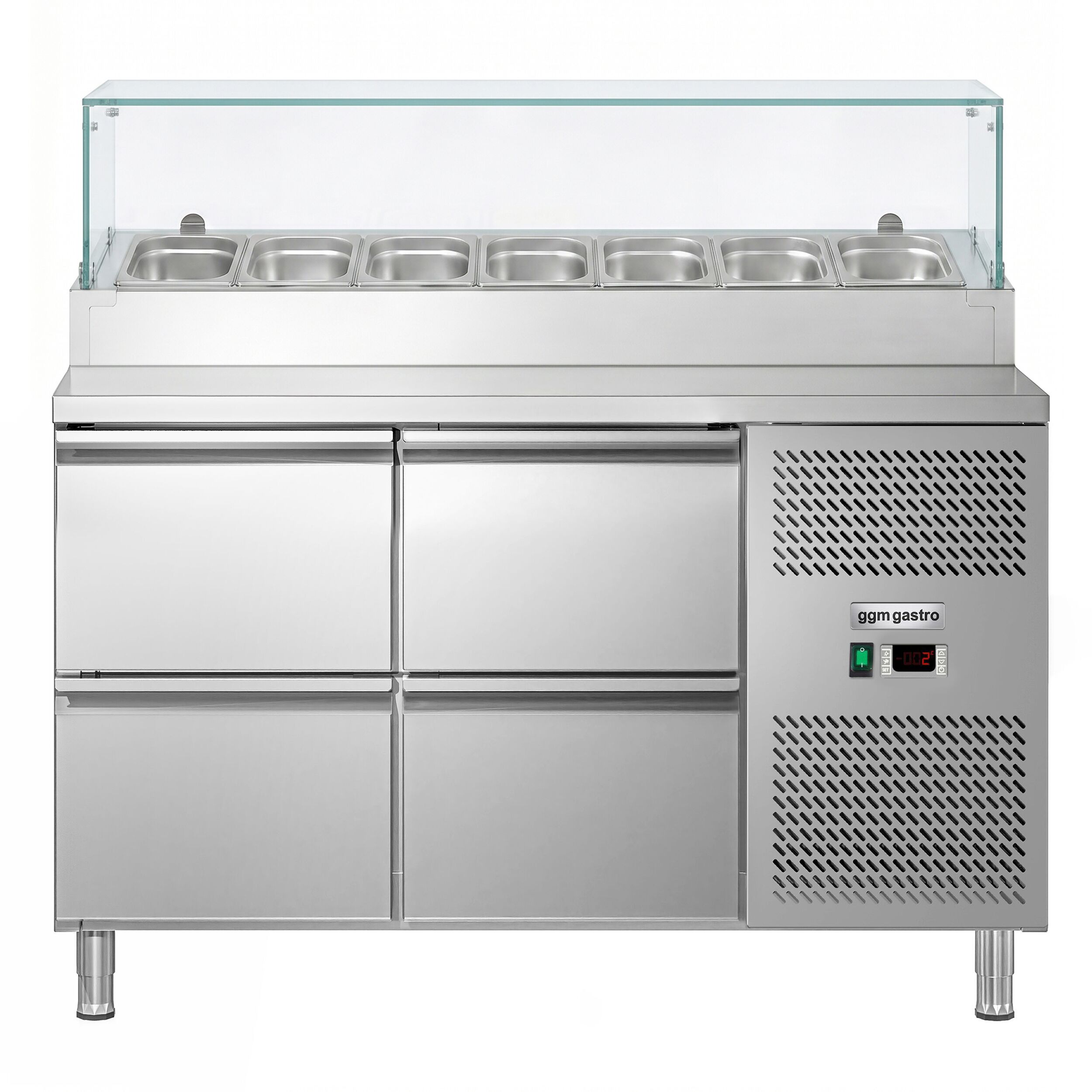 Zubereitungstisch ECO - 1360mm - 4 Schubladen - mit Glasaufsatz - für 7x GN 1/3