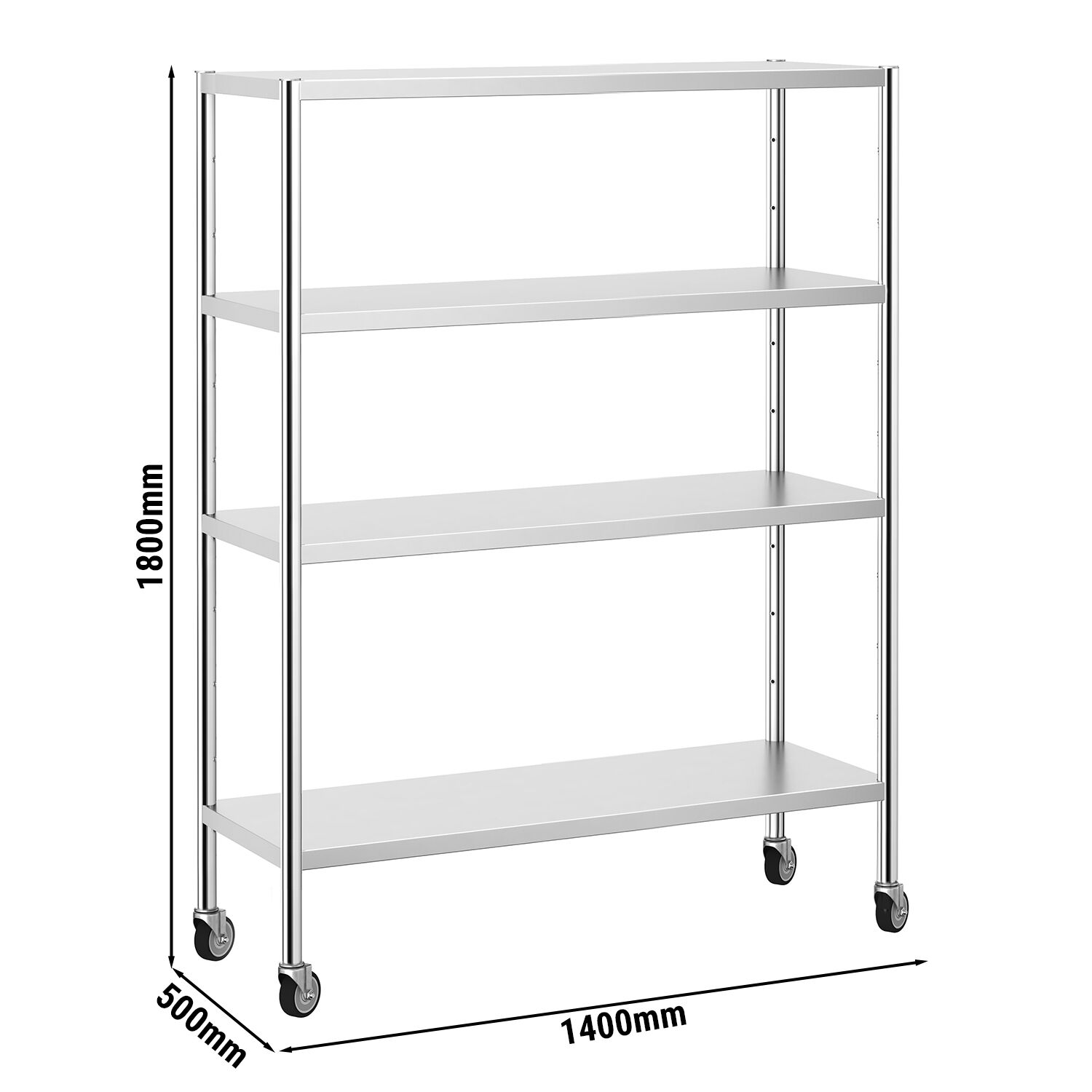 Scaffale in acciaio inox PREMIUM - 1400x1800mm - Profondità: 500mm - con 4 ripiani (REGOLABILI) - incl. 4 ruote - Portata: 80kg per ripiano