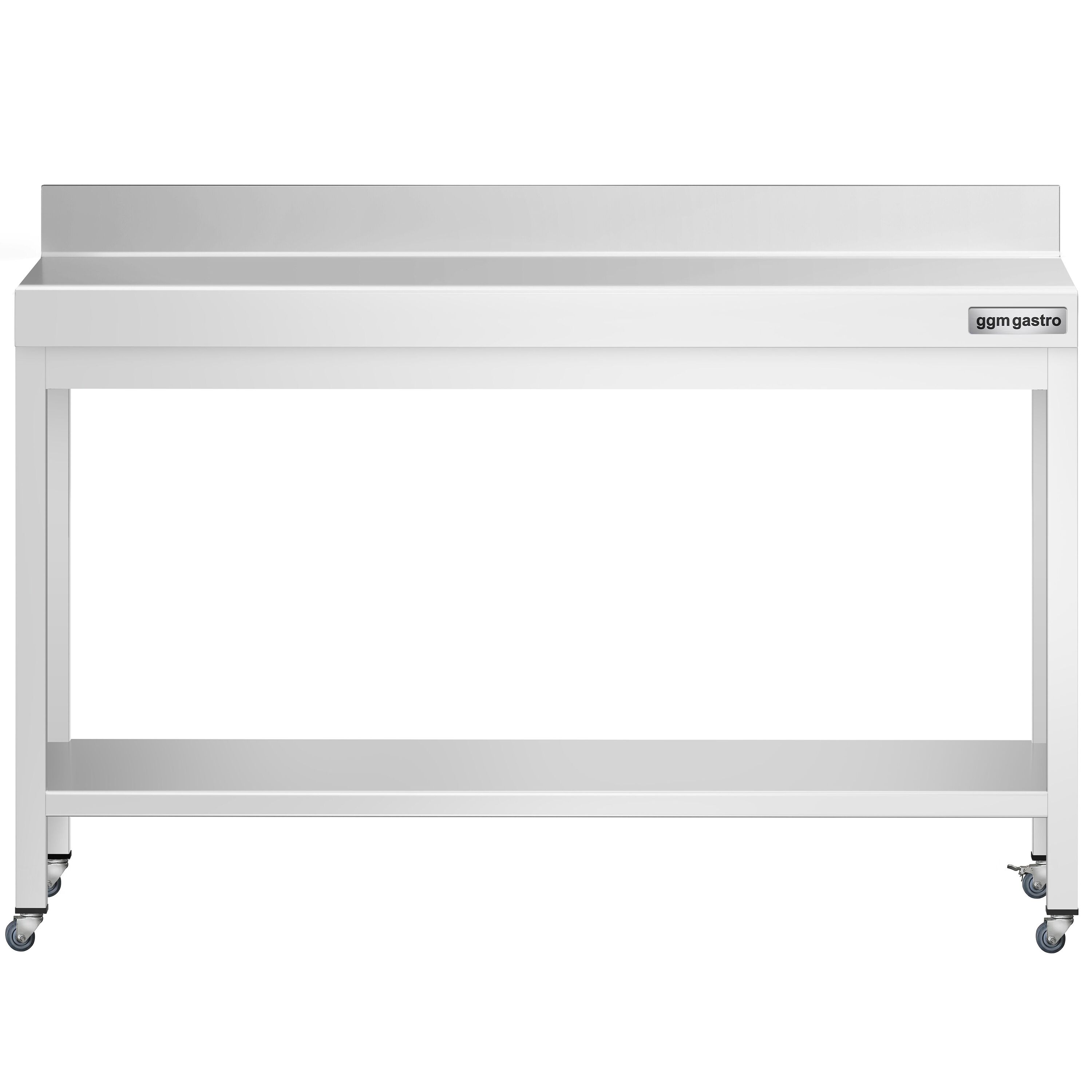 Table de travail en inox PREMIUM - 1400 x 600 mm - avec tablette inférieure, dosseret et roulettes