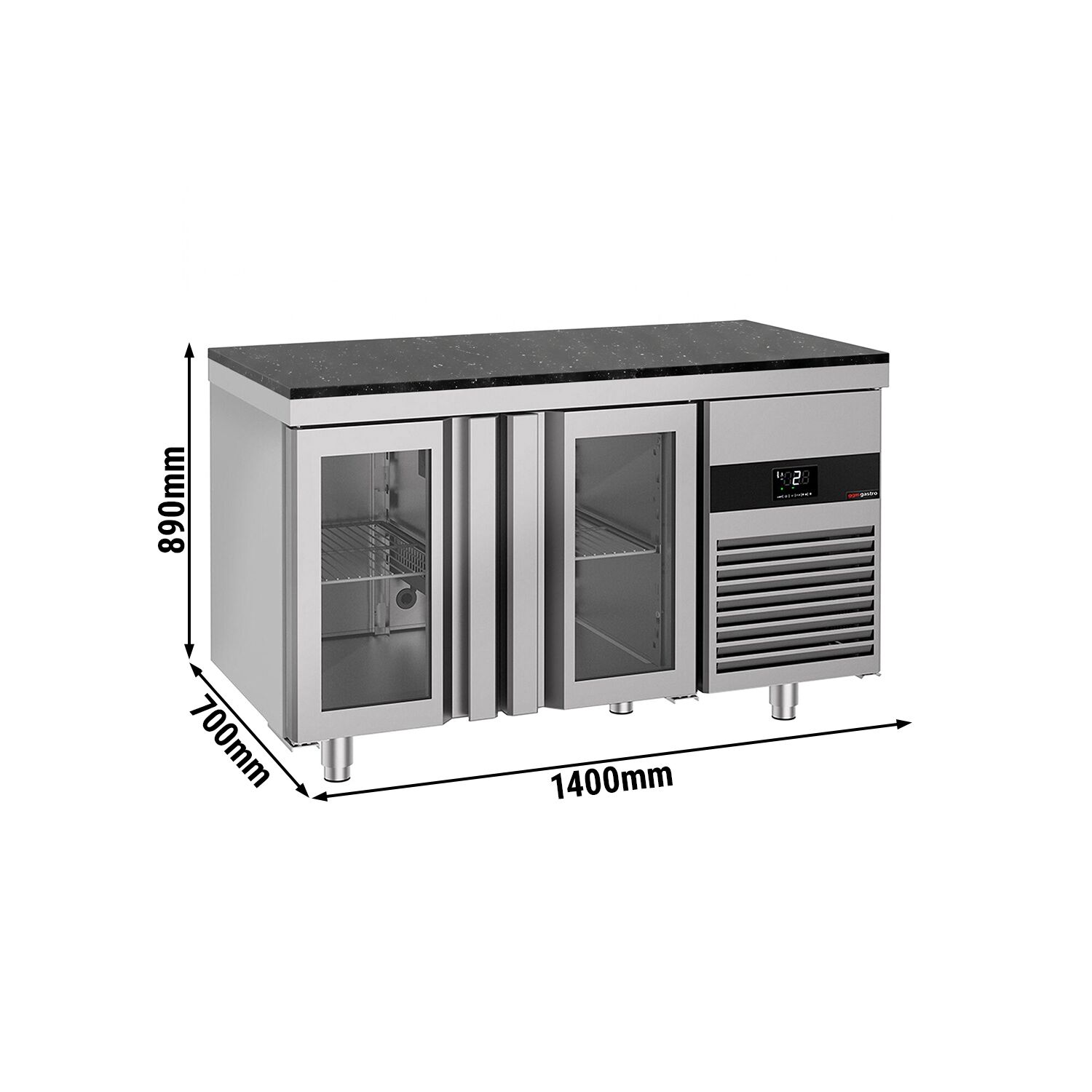 PREMIUM Refrigerated Counter – 1400 × 700 mm – with 2 Glass Doors – incl. Granite Worktop