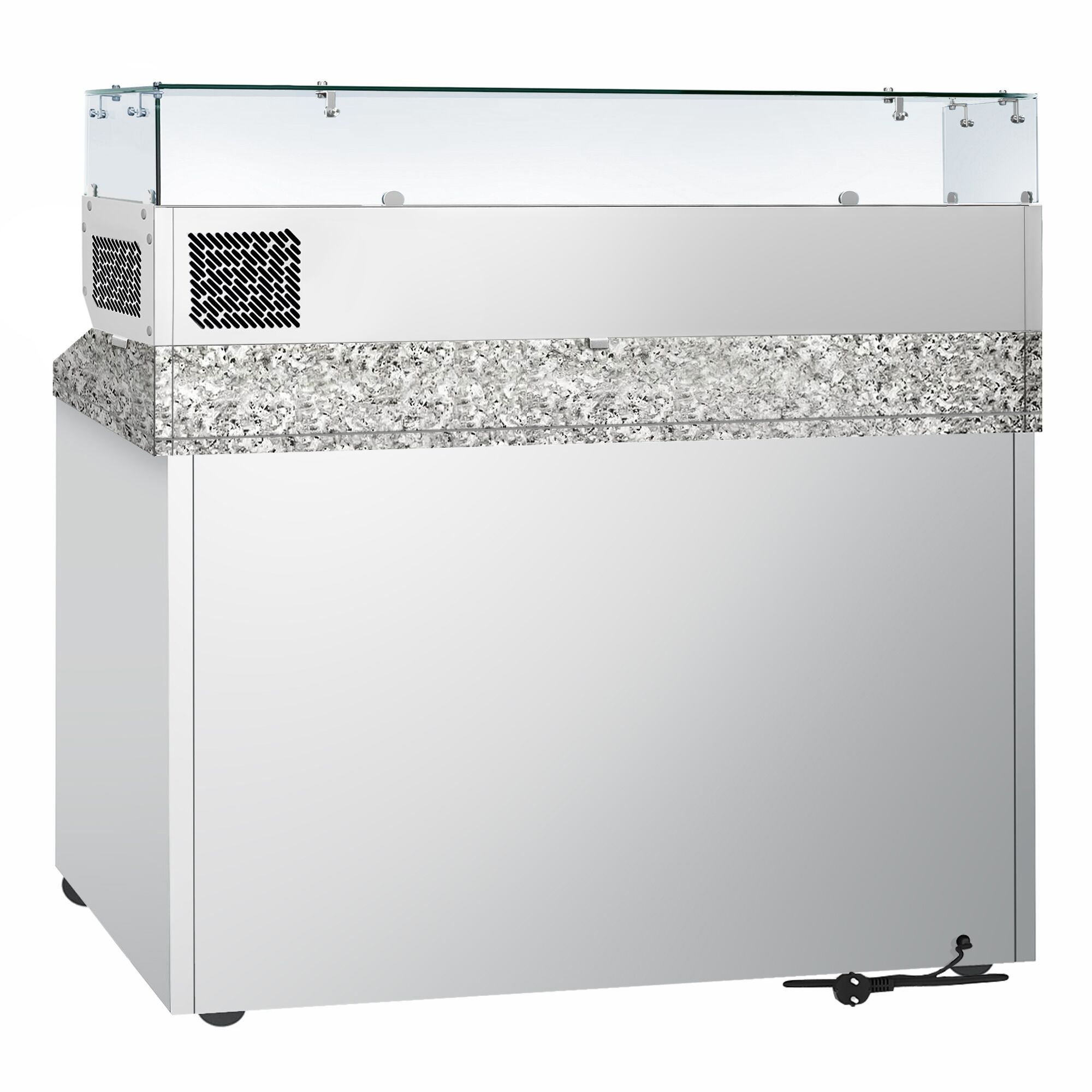 Banco pizza refrigerato ECO - 1400x700mm - con 3 porte in vetro - piano in granito - con vetrina ingredienti refrigerata superiore - 6x GN 1/4