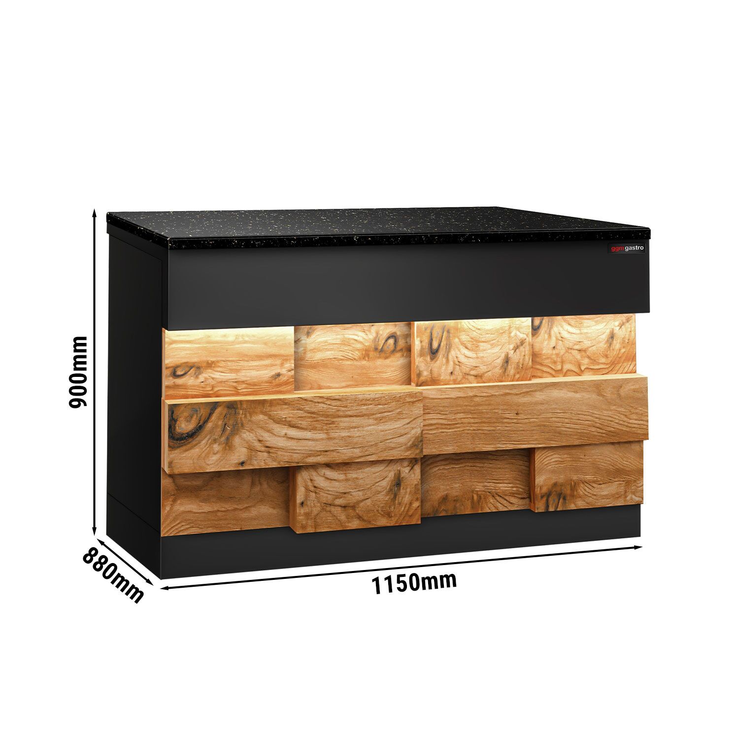 Table de caisse TORONTO – 1150 mm – façade en bois – plan de travail en granit Noir