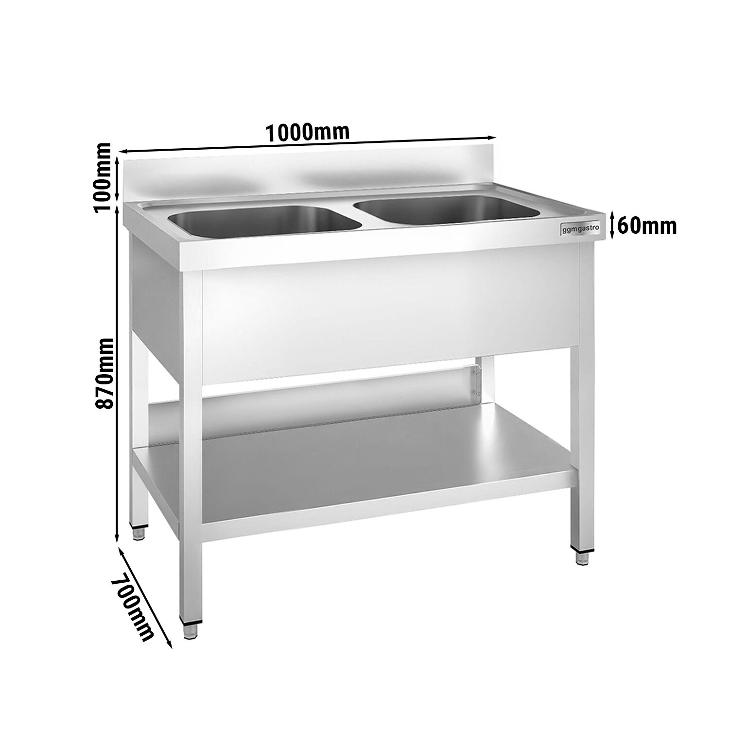 Plonge en inox PREMIUM - 1000x700mm - avec étagère basse - 2 bacs au centre
