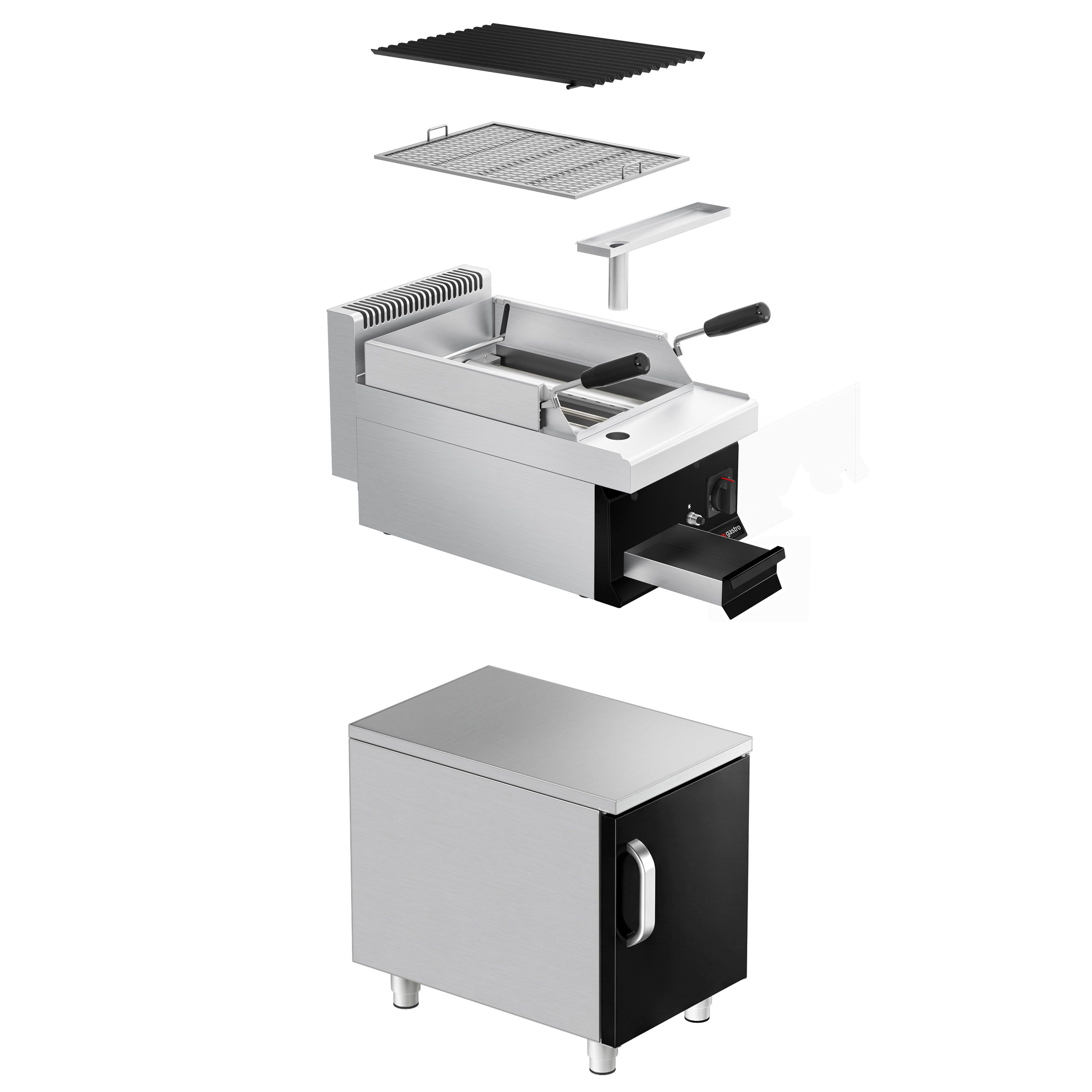 Commercial Gas Lava Rock Chargrill Mario 700 - 400mm - Freestanding - with Cabinet Base - 700mm Deep - Tilting Grill Grid - Black-front Fascia - incl. cabinet base - 1 Door