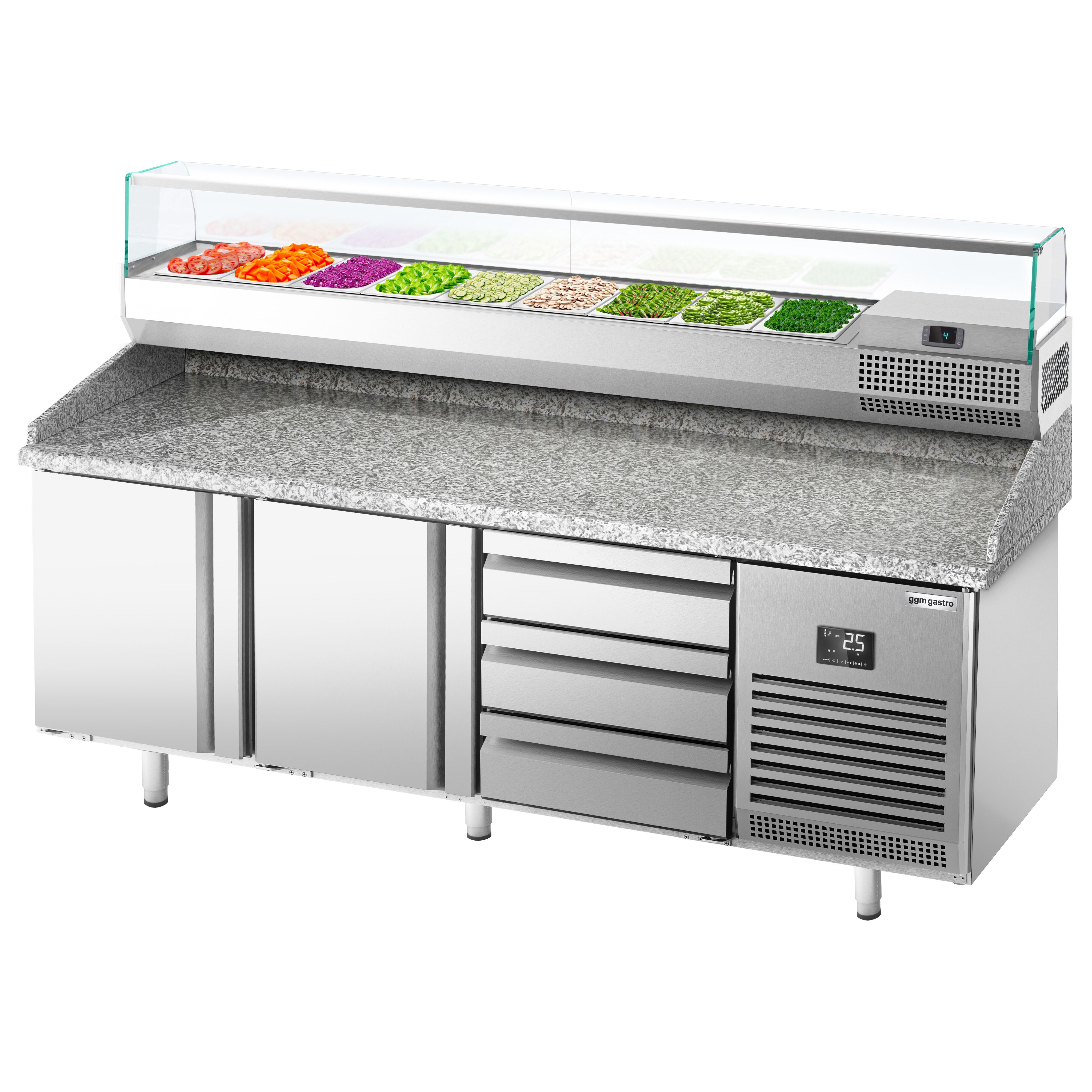 Table réfrigérée à pizza Premium PLUS - 1980x700 mm - avec 2 portes - incl. vitrine réfrigérée - 9x GN 1/4