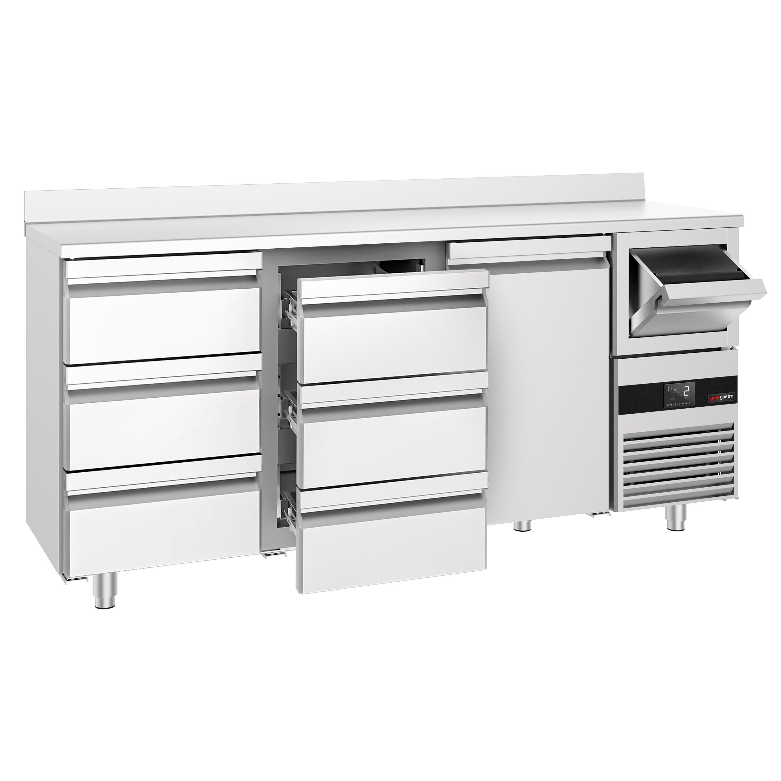 Arrière-bar réfrigéré professionnel  PREMIUM - 2130 x 600 mm - avec 1 porte et 6 tiroirs - avec dosseret - avec tiroir à marc de café
