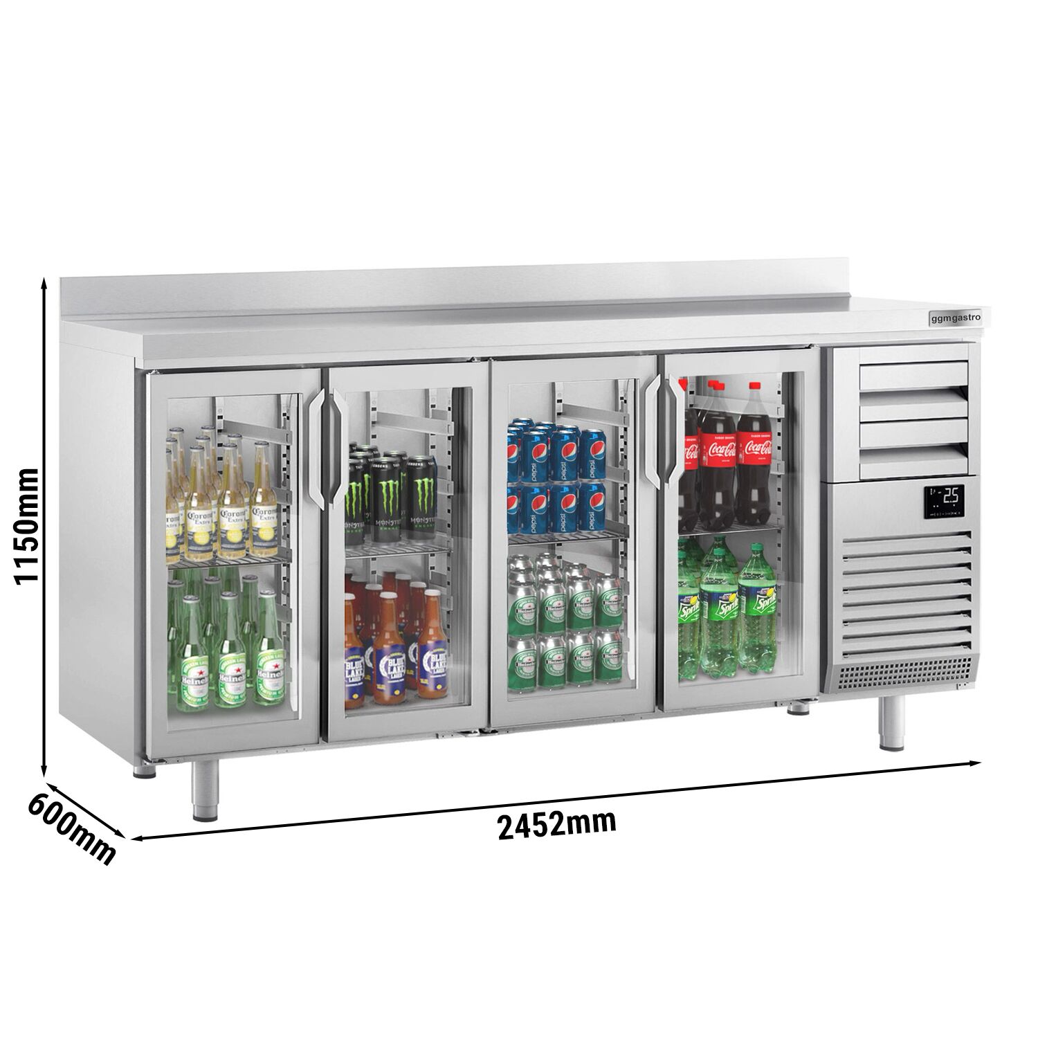 Arrière-bar réfrigéré professionnel Premium PLUS - 2450 x 600 mm - avec 4 portes en verre, 2 tiroirs et dosseret
