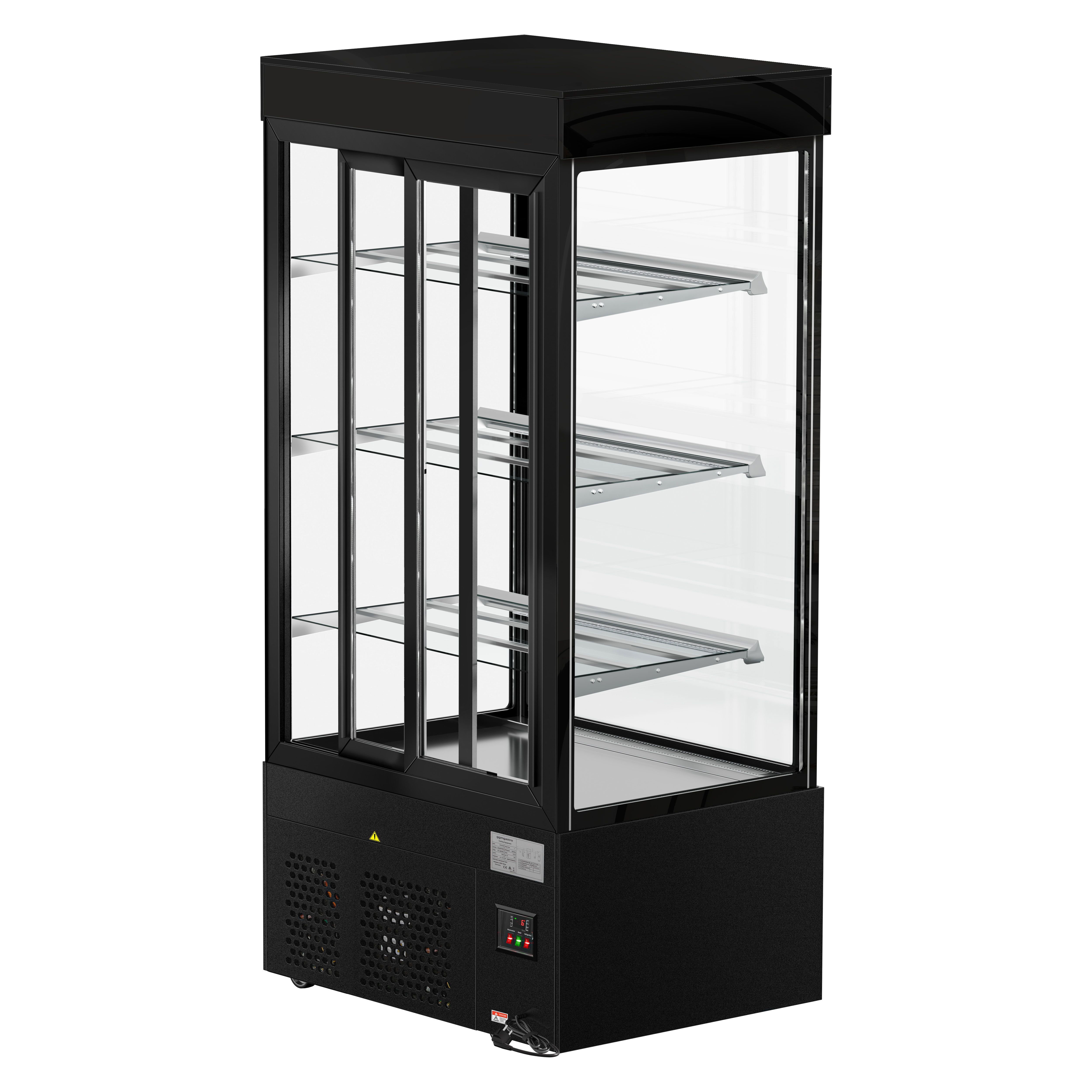 Vitrine réfrigérée 4 faces vitrées MADRID - 850L - 1000mm - Double vitrage - avec 3 étagères en verre - portes coulissantes vitrées arrière - Noir mat