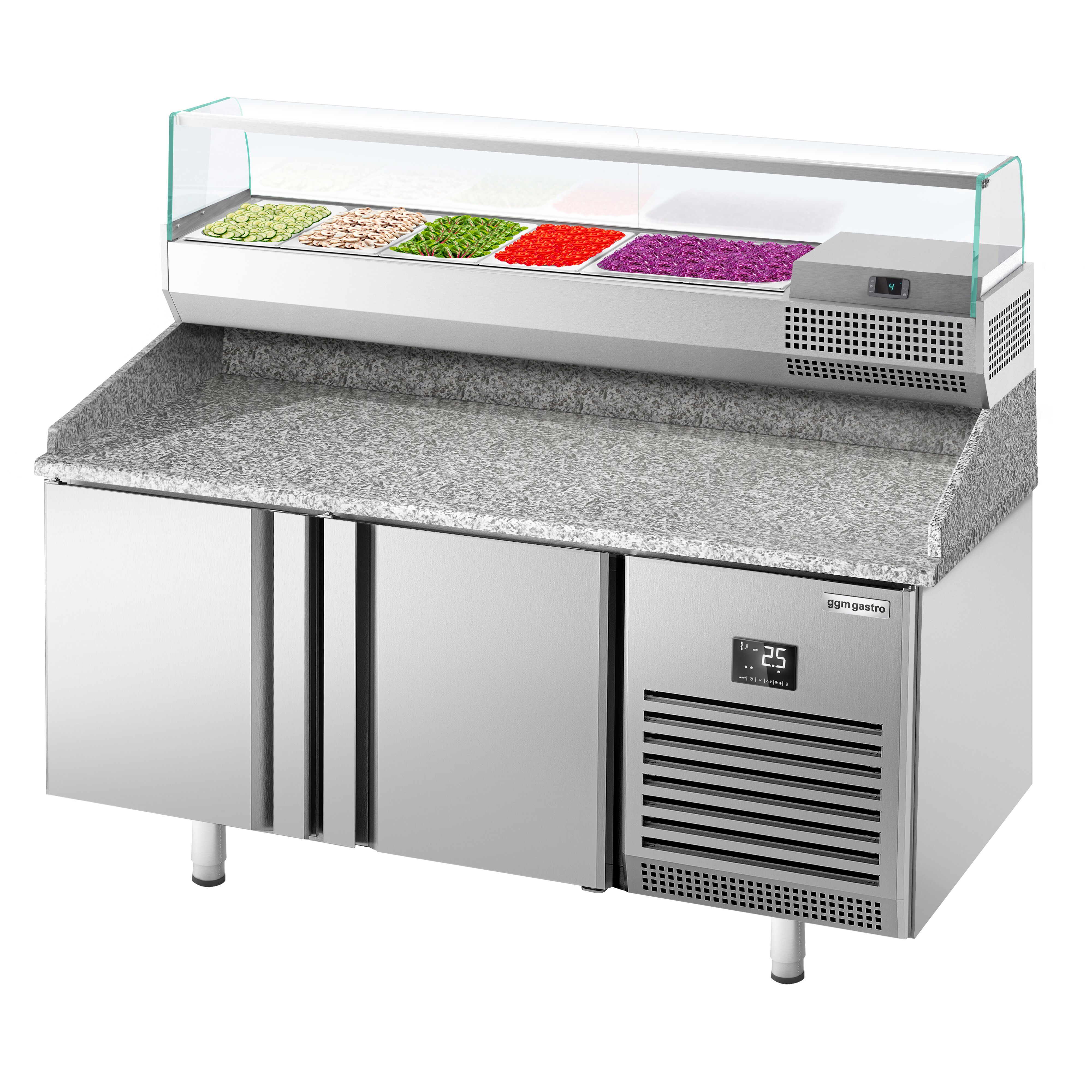 Table réfrigérée à pizza Premium PLUS - 1490 x 700 mm - avec 2 portes - incl. vitrine réfrigérée de présentation - 6x GN 1/4