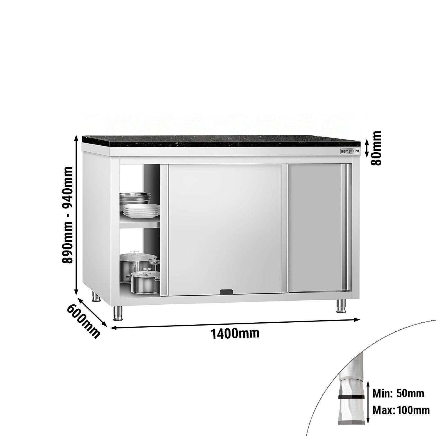 Edelstahl Arbeitsschrank PREMIUM - 1400x600mm - mit Durchreiche - inkl. Granitarbeitsplatte