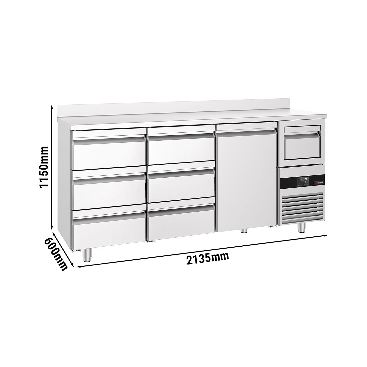 Arrière-bar réfrigéré professionnel  PREMIUM - 2130 x 600 mm - avec 1 porte et 6 tiroirs - avec dosseret - avec tiroir à marc de café