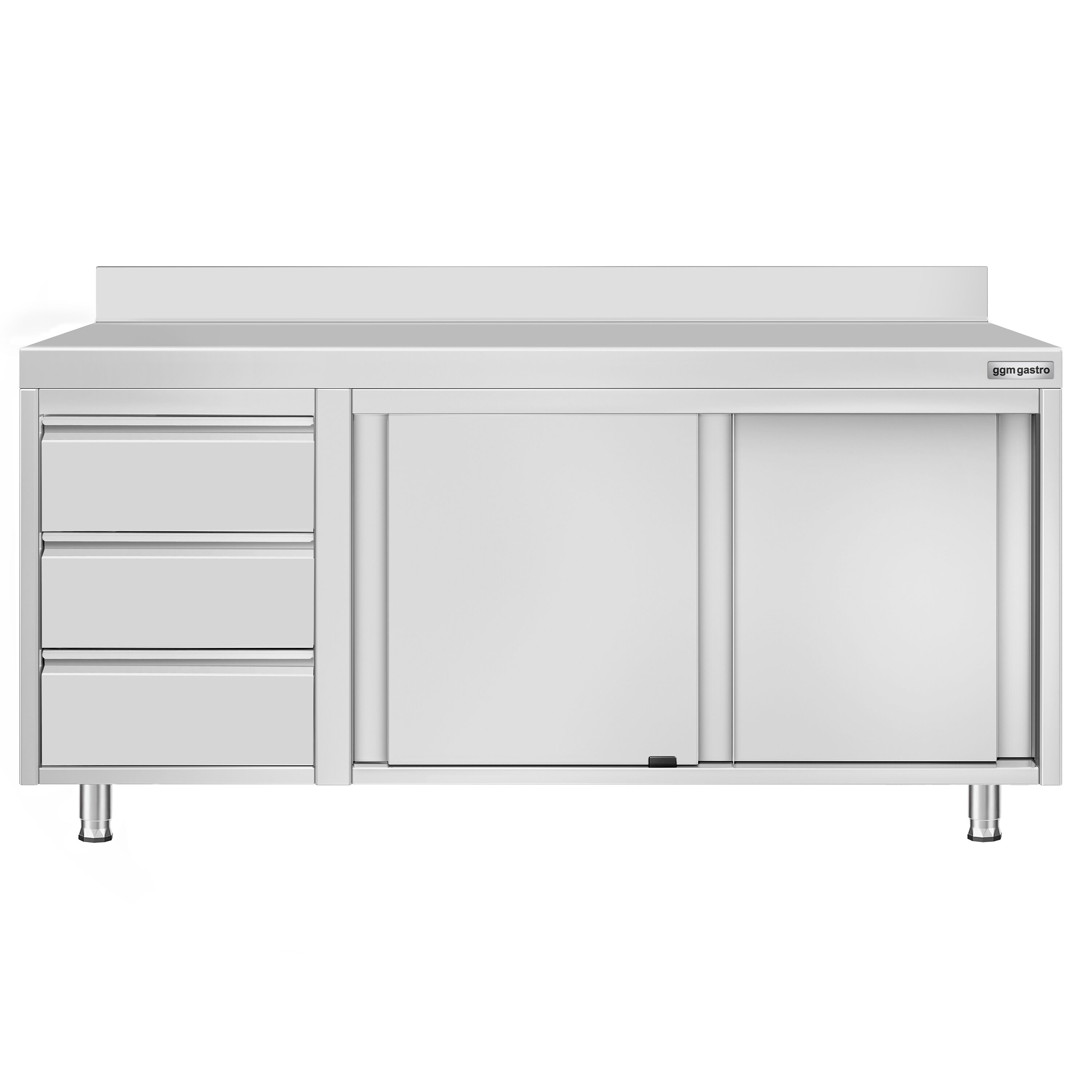 Table armoire en acier inoxydable ECO - 1800x600mm - avec portes coulissantes et 3 tiroirs à gauche - avec dosseret
