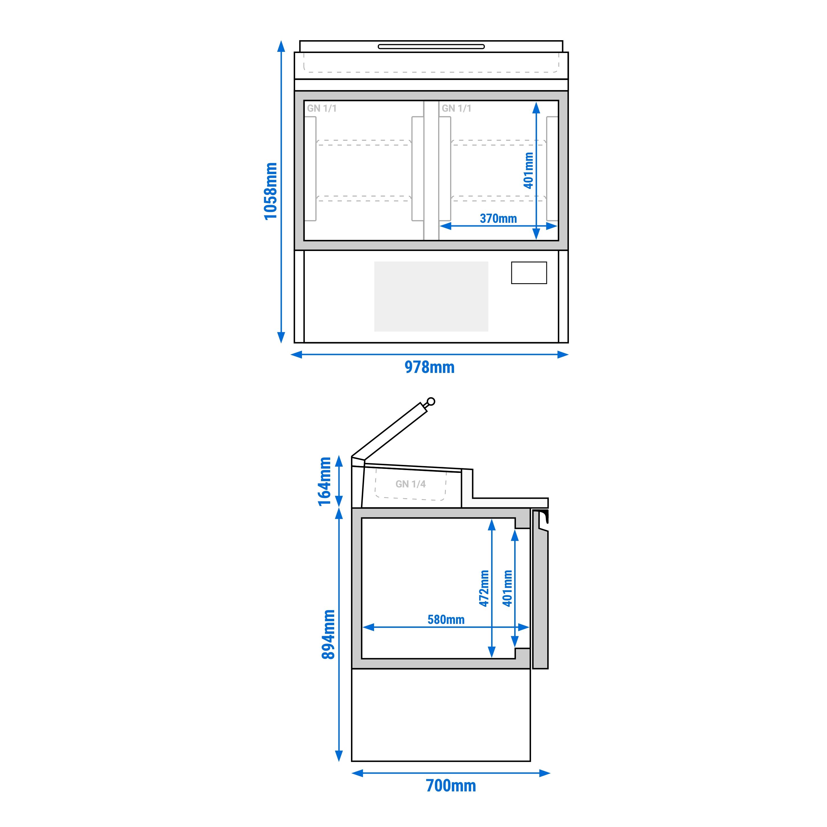 Table réfrigérée de préparation Mini - 978 x 700 mm - avec 2 portes - superstructure en inox 5x GN 1/4