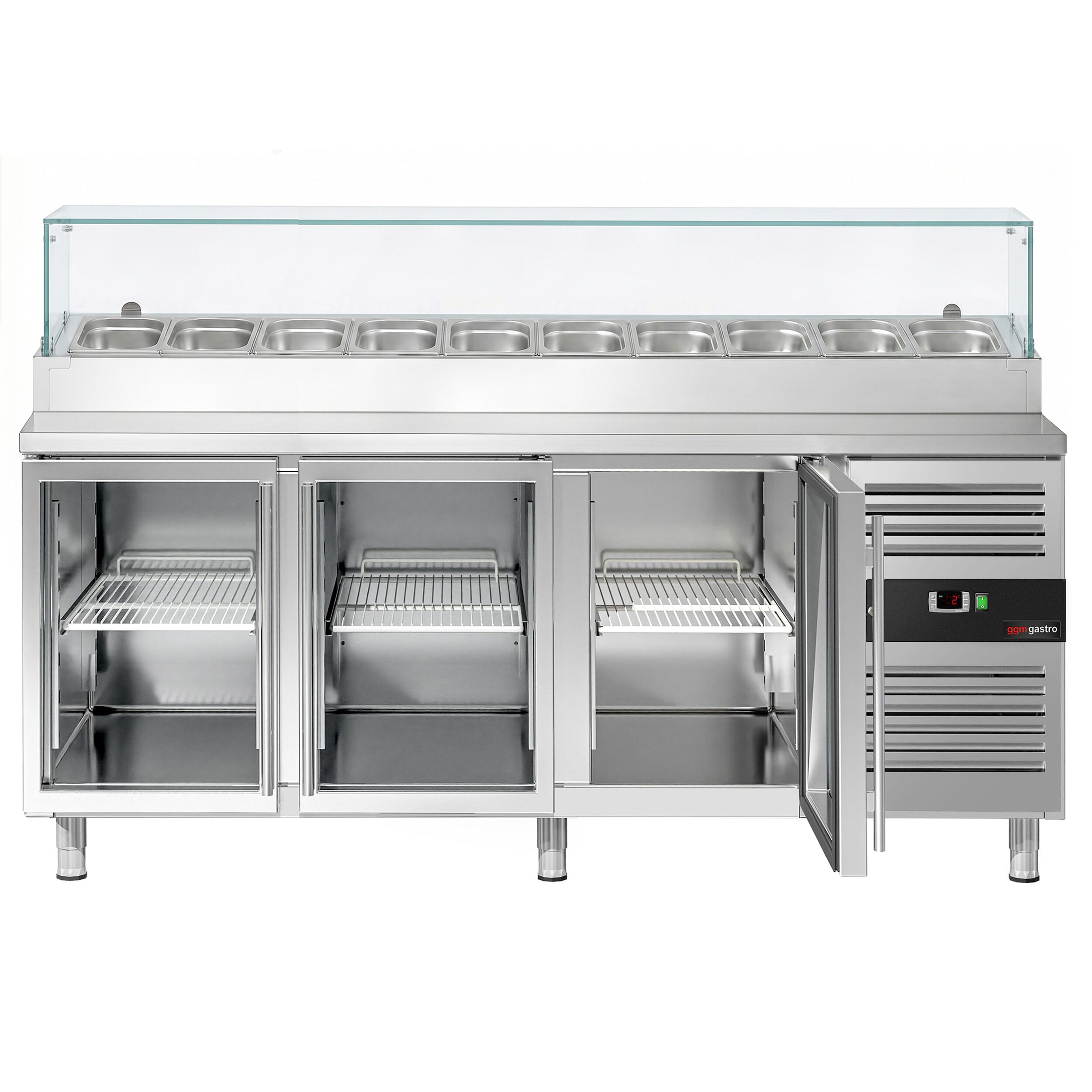 Zubereitungstisch PREMIUM - 2020mm - 3 Glastüren - mit Glasaufsatz - für 10x GN 1/3