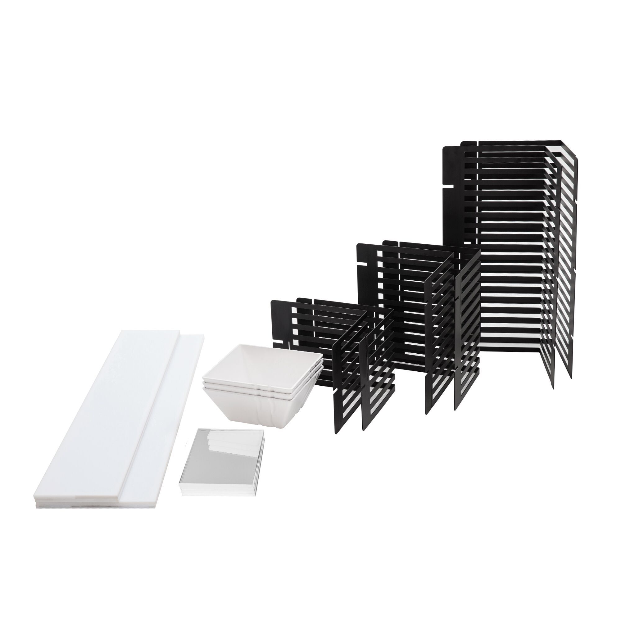 Etagere / Buffet Stand - Stainless steel frame & Plexiglas shelves - White with black columns - square - Height: 600mm - incl. 3 Melamine bowls