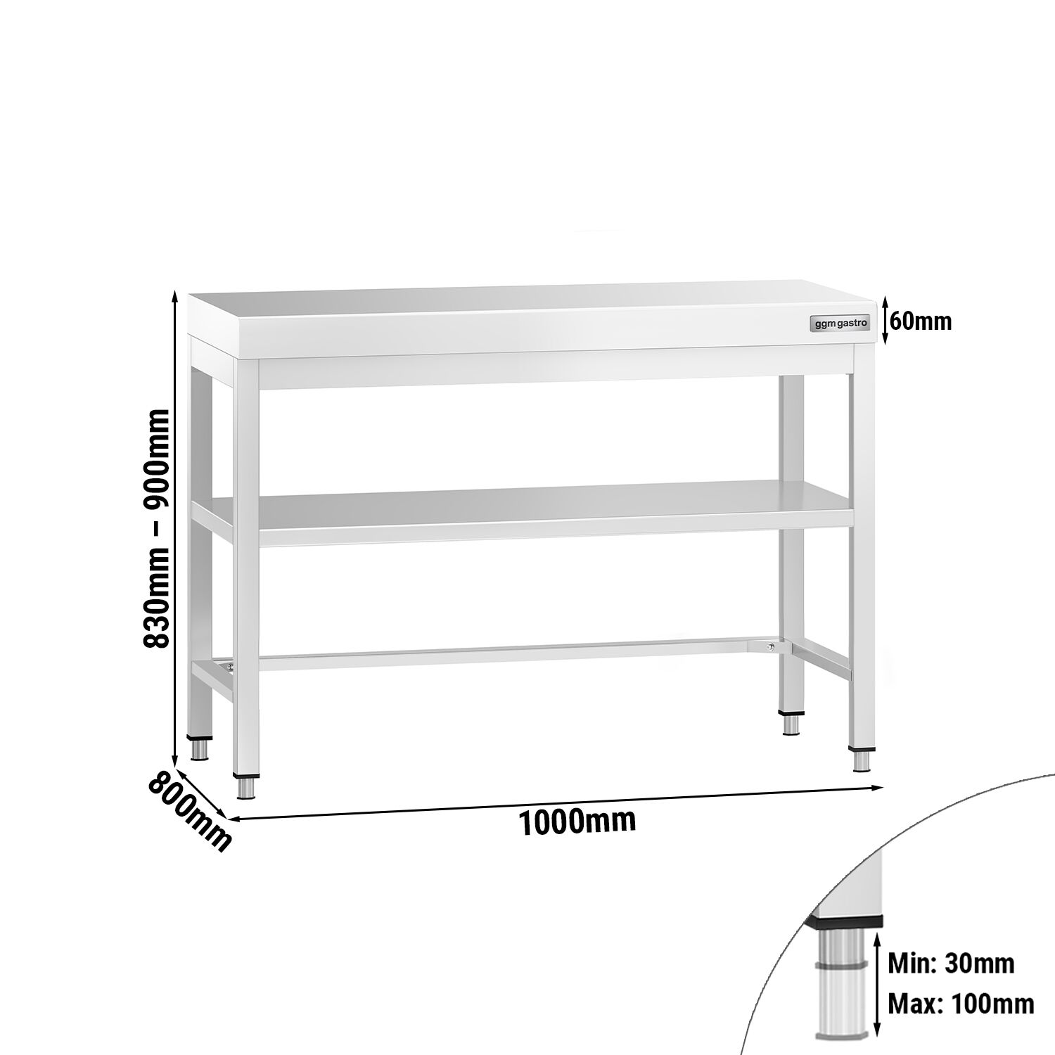 Table de travail inox PREMIUM - 1000 x 800 mm - avec tablette inférieure & Renforts