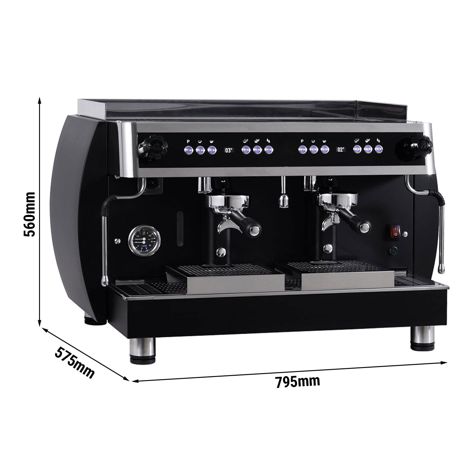 Machine à café porte-filtre « Grace » – avec écran digital – 2 groupes – avec système de préinfusion & compteur de shots inclus – Noir