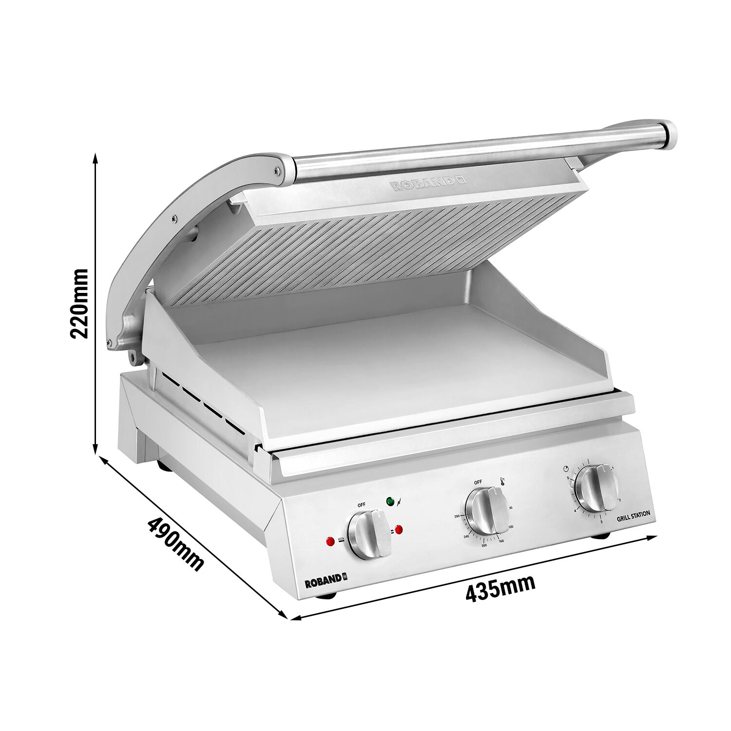 ROBAND | Presse à Panini / Gril de contact – 2,2 kW – plaque supérieure rainurée & plaque inférieure lisse – Surface de cuisson : 375 × 275 mm