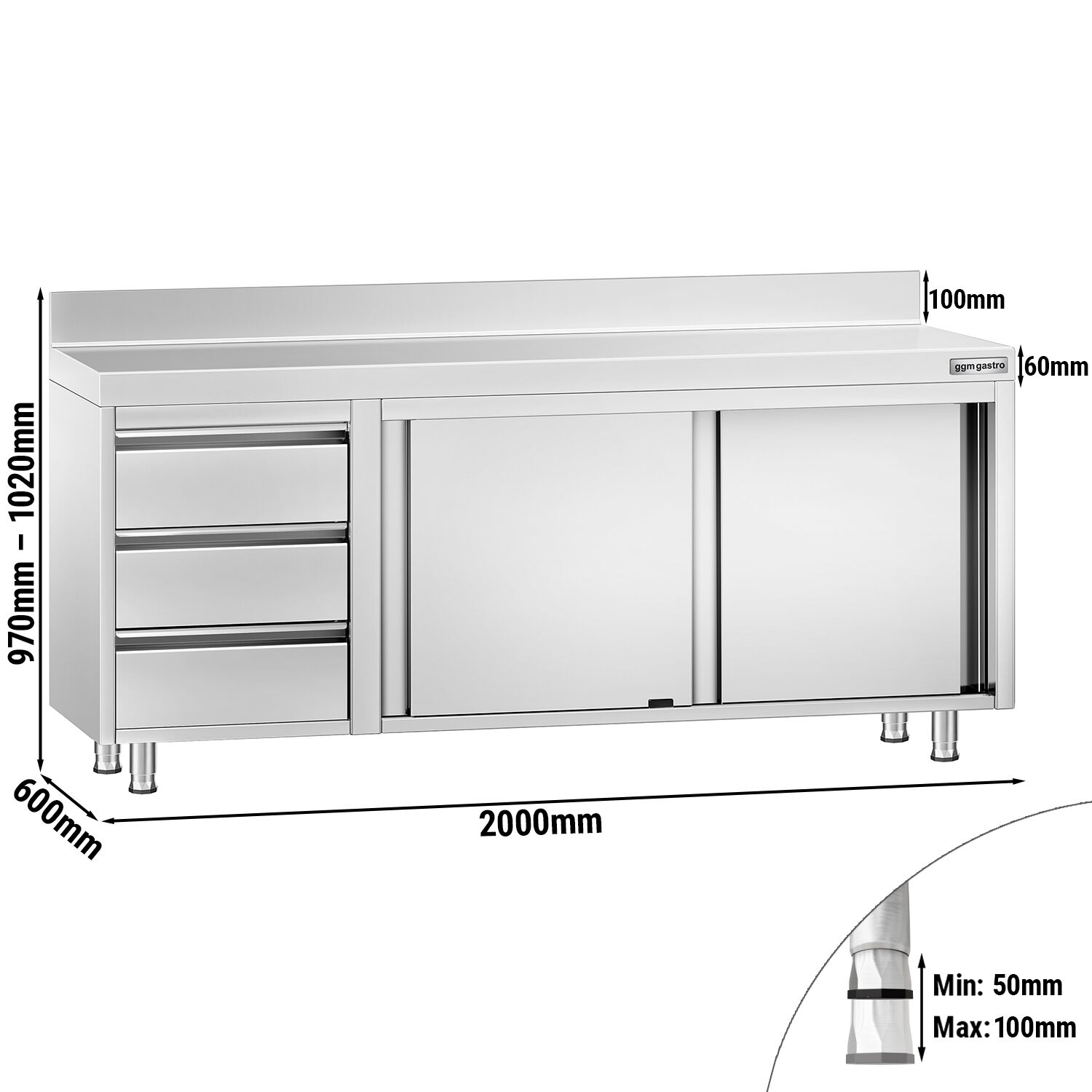 Table armoire en acier inoxydable PREMIUM - 2000x600mm - avec portes coulissantes et 3 tiroirs à gauche - avec dosseret
