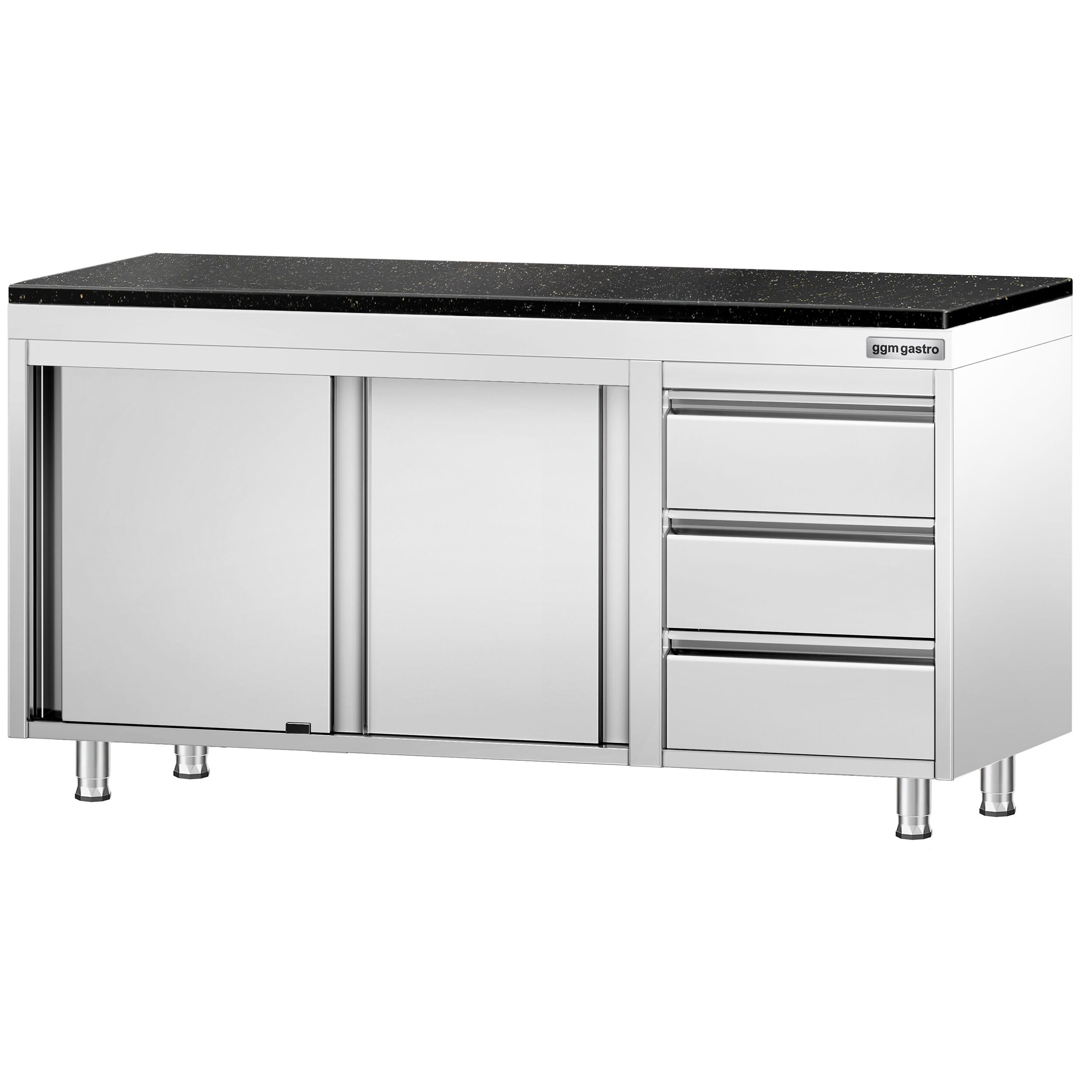 Edelstahl Arbeitsschrank PREMIUM - 1600x600mm - mit 3 Schubladen rechts - inkl. Granitarbeitsplatte