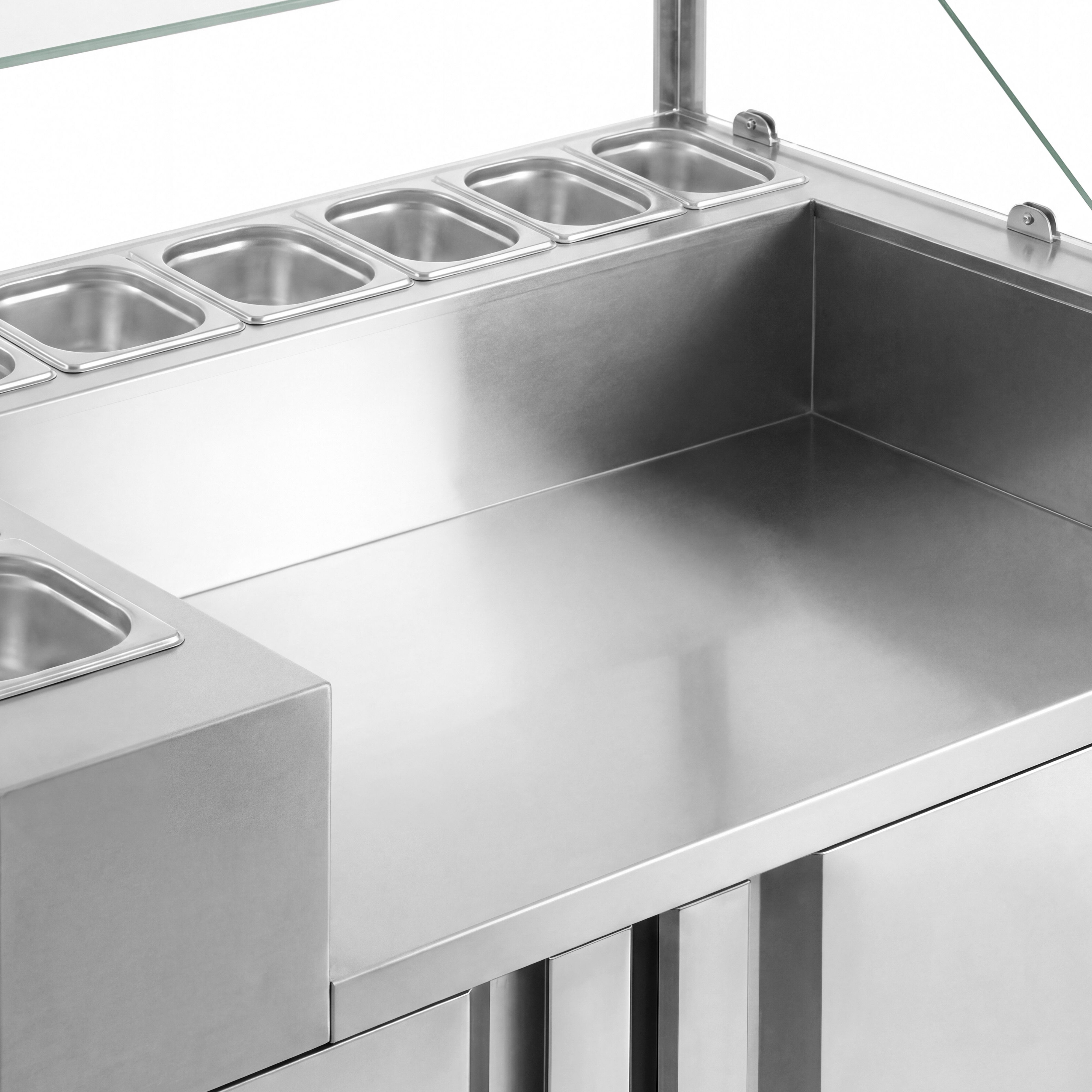 Saladette Kompakt - 1210x700 mm - glasöverdel - 2 dörrar - för 9x GN 1/6 - inkl. Hotdoggrill & -värmare