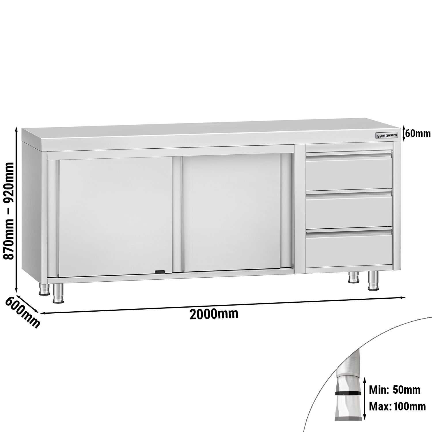 Table armoire en acier inoxydable ECO - 2000x600mm - avec 3 tiroirs à droite et portes coulissantes et étagère basse