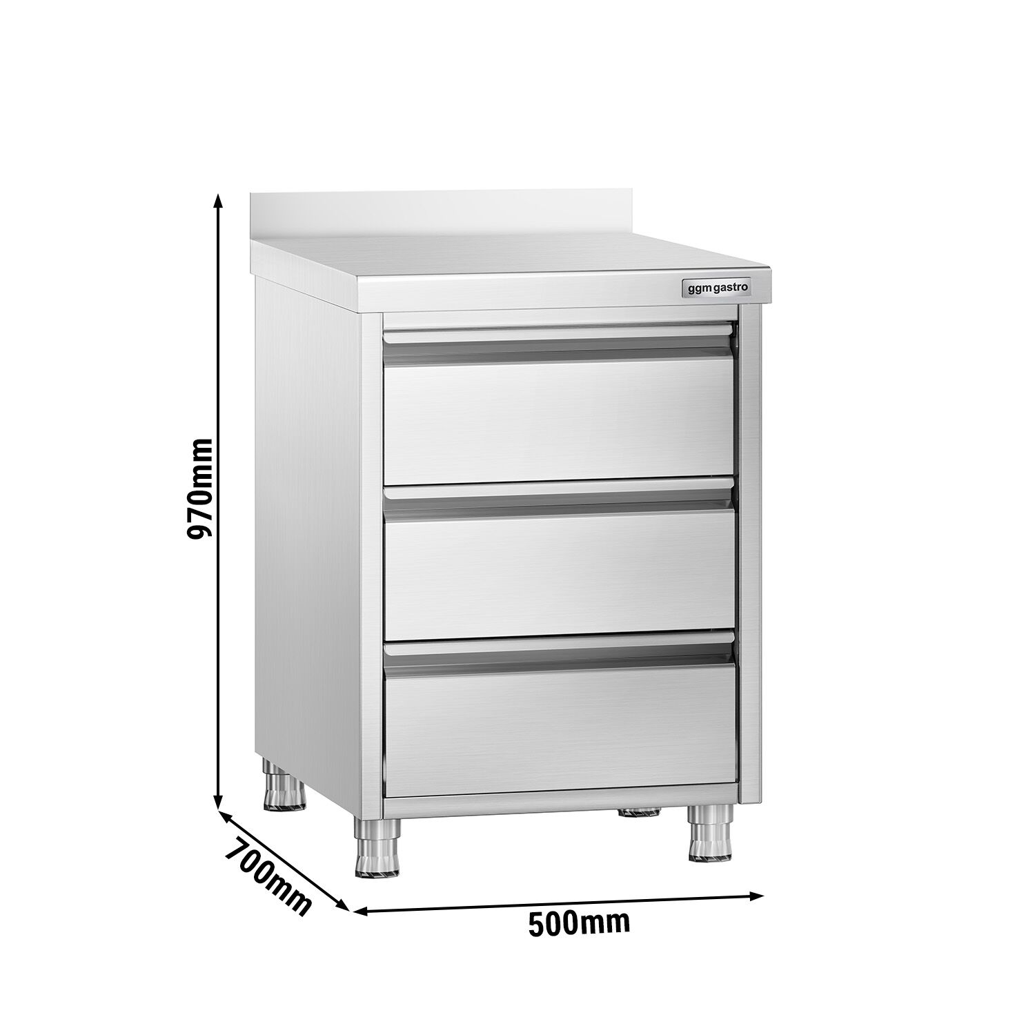 Meuble bas à tiroirs PREMIUM - Acier inoxydable - avec 3 tiroirs & dosseret 100mm - 500x700mm