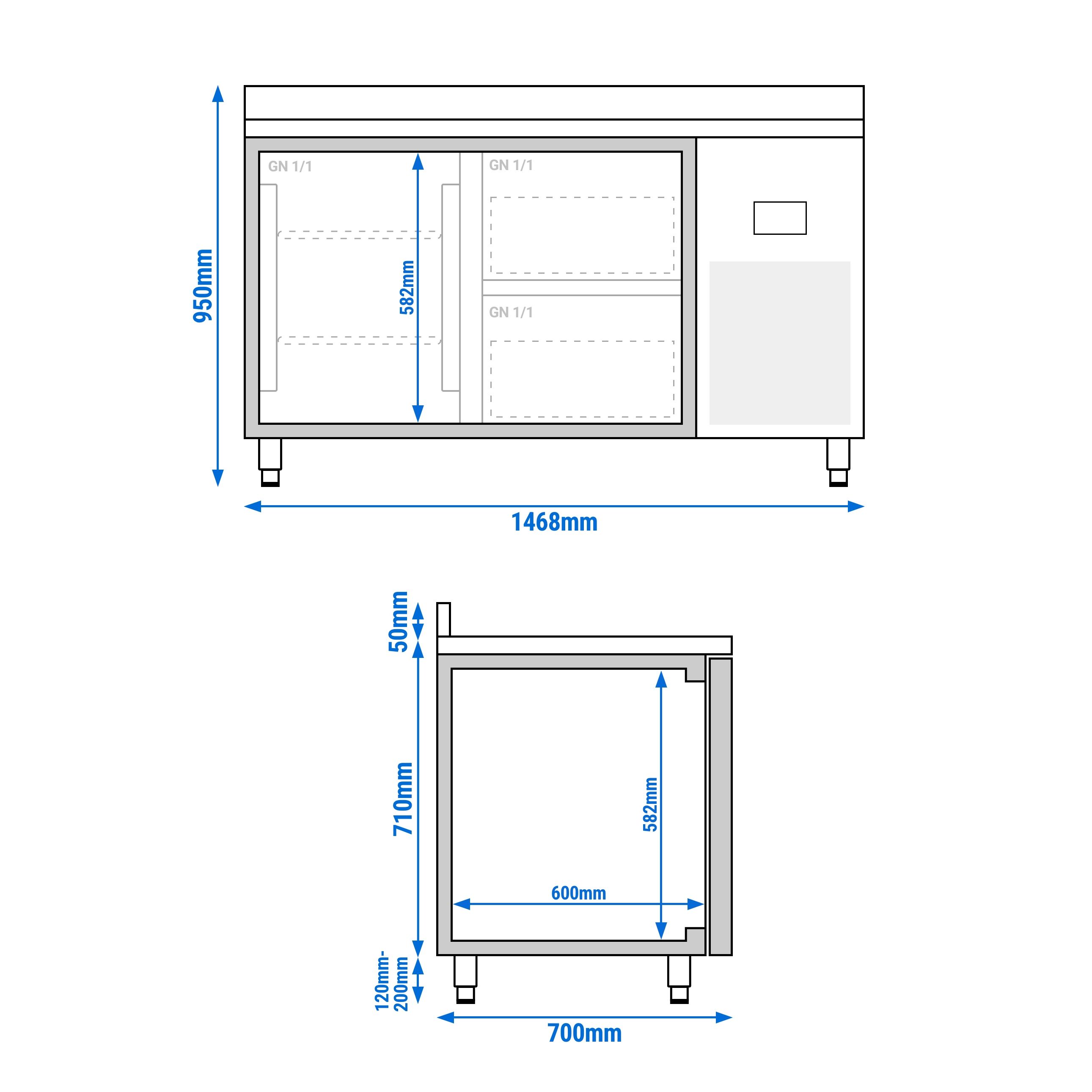 Table réfrigérée Premium PLUS - 1468 x 700 mm - avec 1 porte - 2 tiroirs - avec dosseret