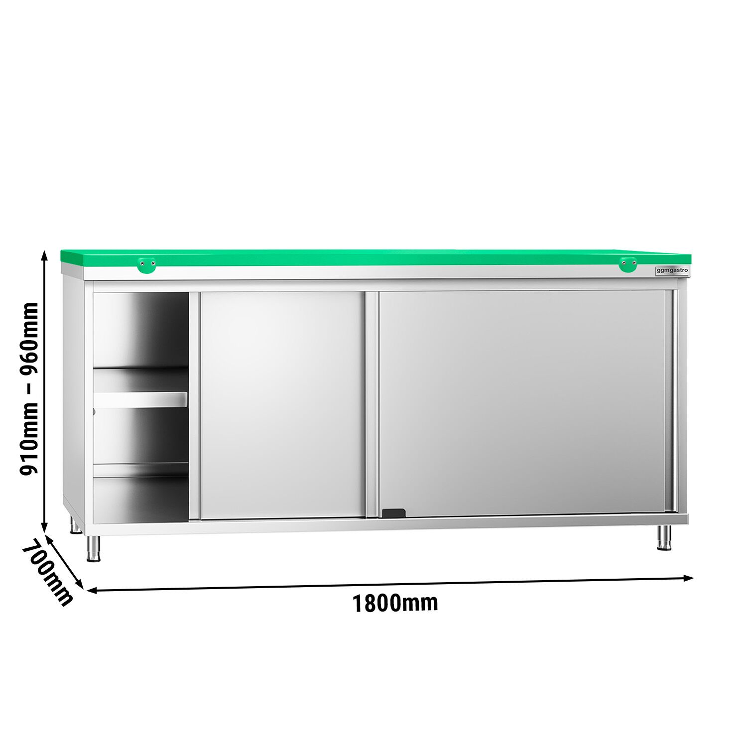 Table armoire en acier inoxydable PREMIUM - 1800x700mm - avec portes coulissantes - pour fruits et légumes - incl. plateau de découpe Vert PEHD (HACCP)