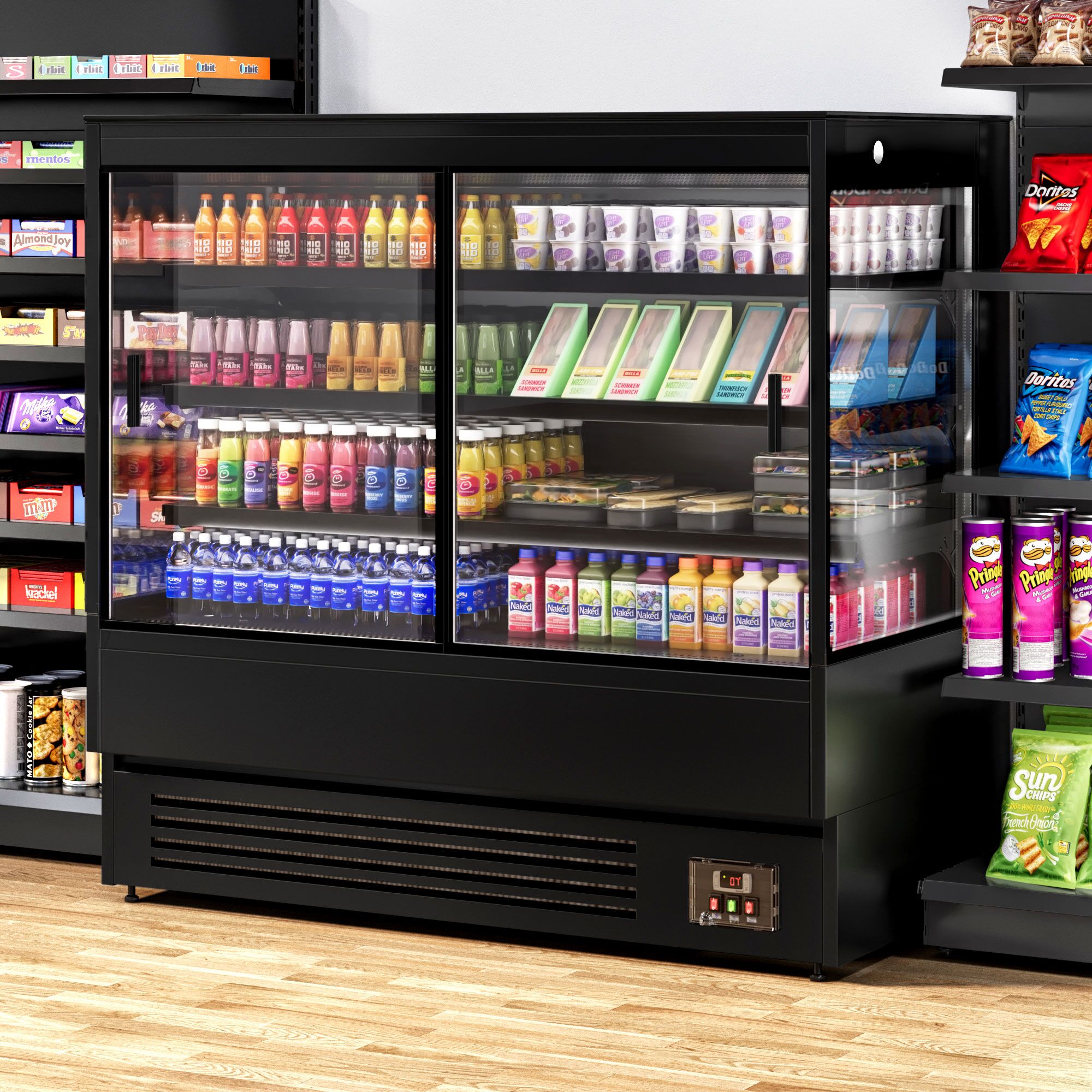 Commercial multideck display fridge - 1520mm - 493L - with 2 double‑glazed sliding doors & 3 shelves - Black