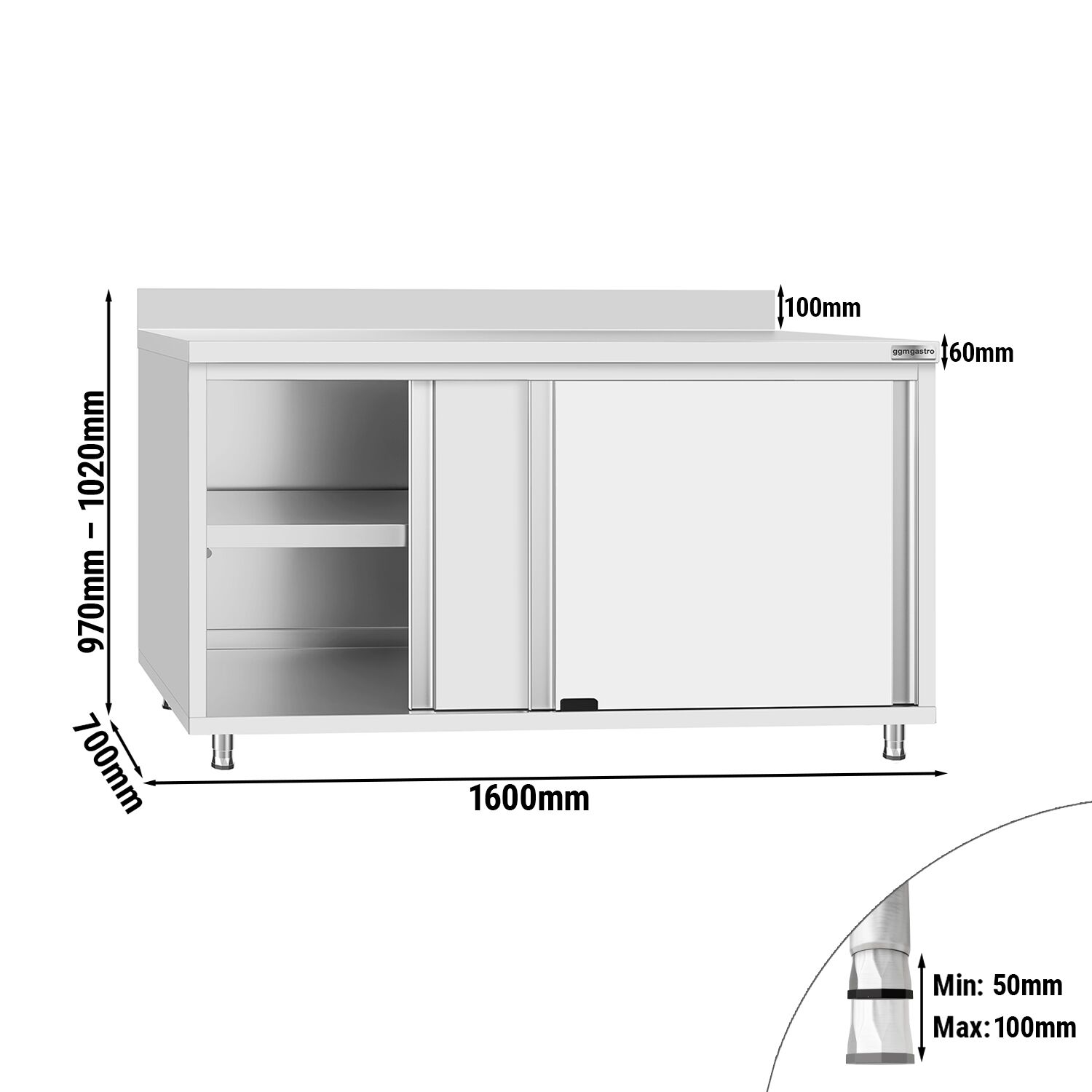 Table armoire en acier inoxydable ECO - 1600x700mm - avec portes coulissantes - avec dosseret