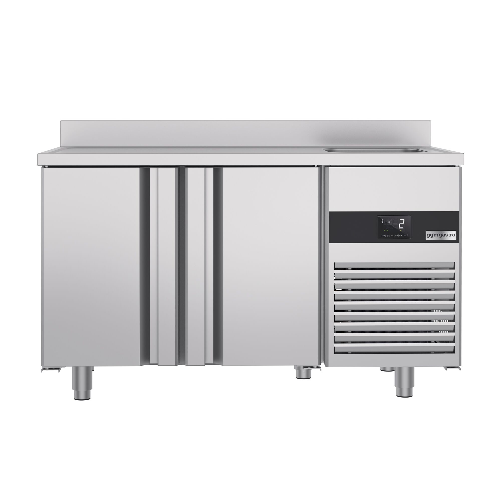 Commercial Counter Fridge PREMIUM - 1430x700mm - with 2 doors - sink right - with upstand - capacity 270 litres