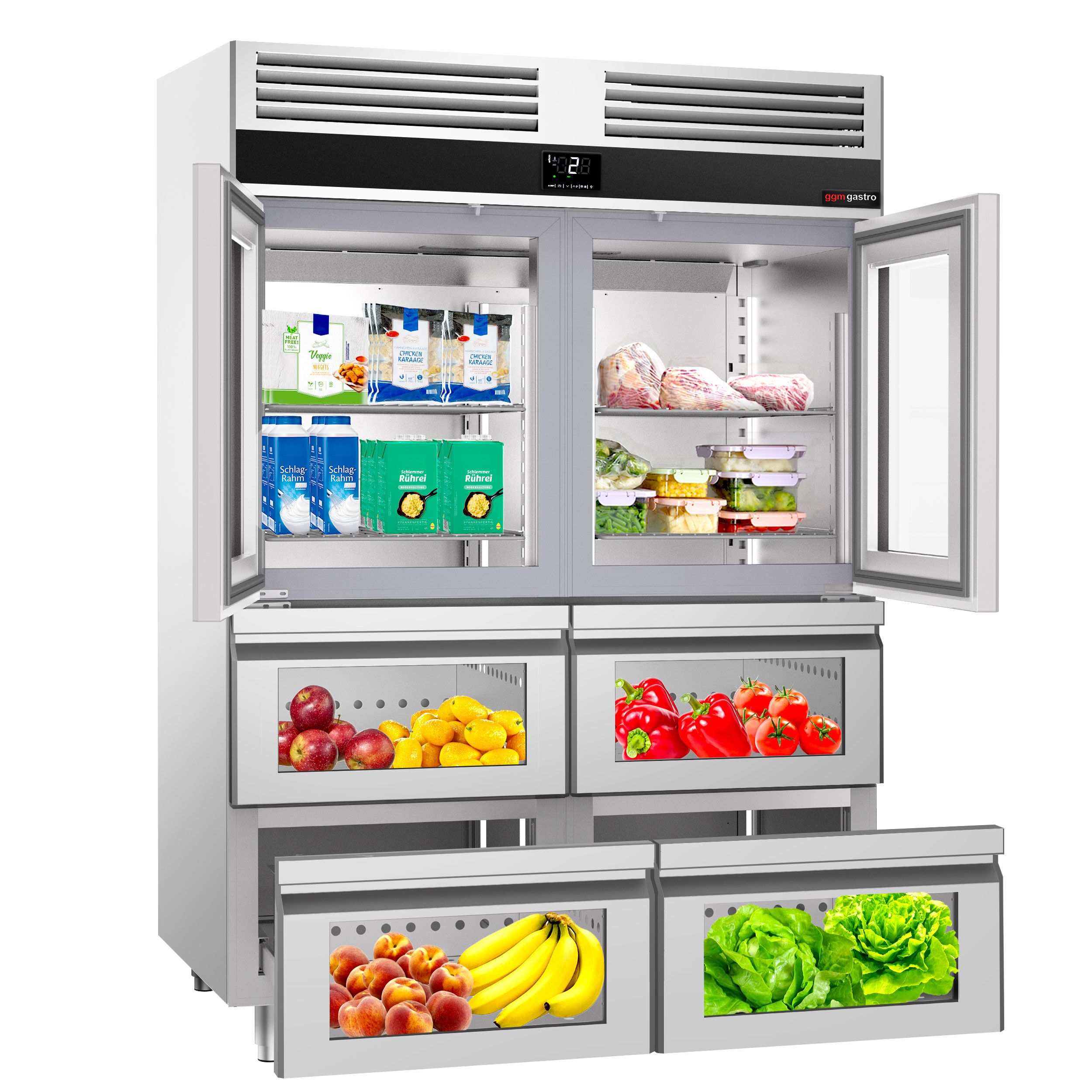 Armoire réfrigérée positive en acier inoxydable PREMIUM - GN 2/1 - 1400 L - avec 2 portes vitrées & 6 glissières & 6 grilles GN 2/1