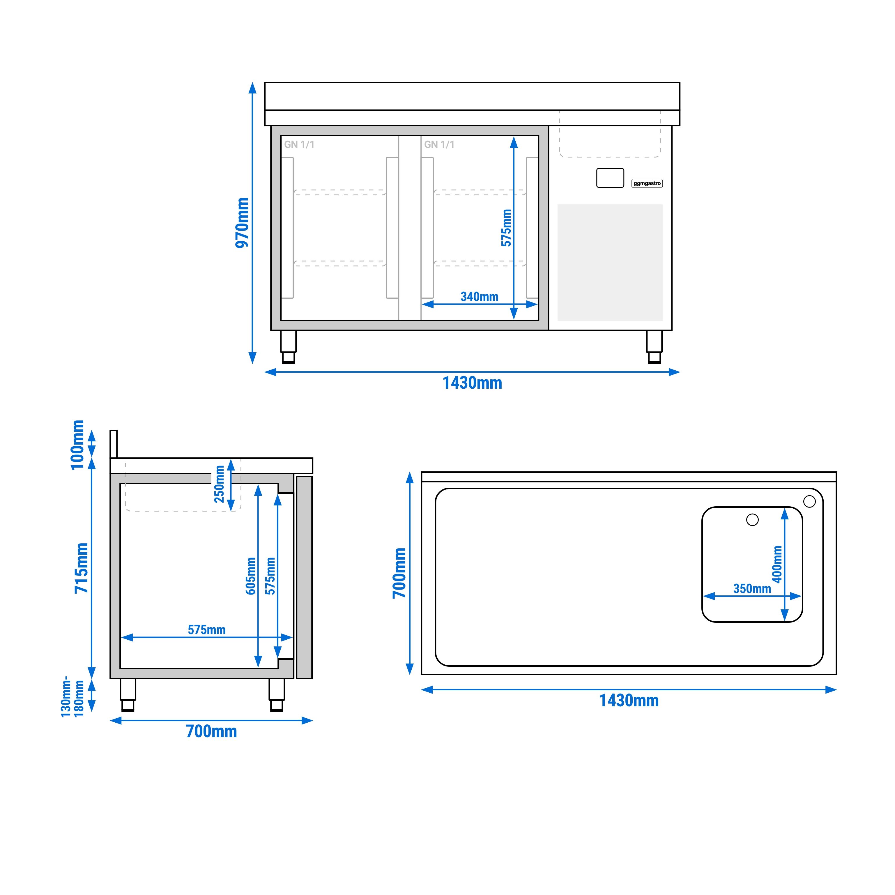 Table réfrigérée PREMIUM - 1430 x 700 mm - avec 2 portes, 1 bac à droite - dosseret