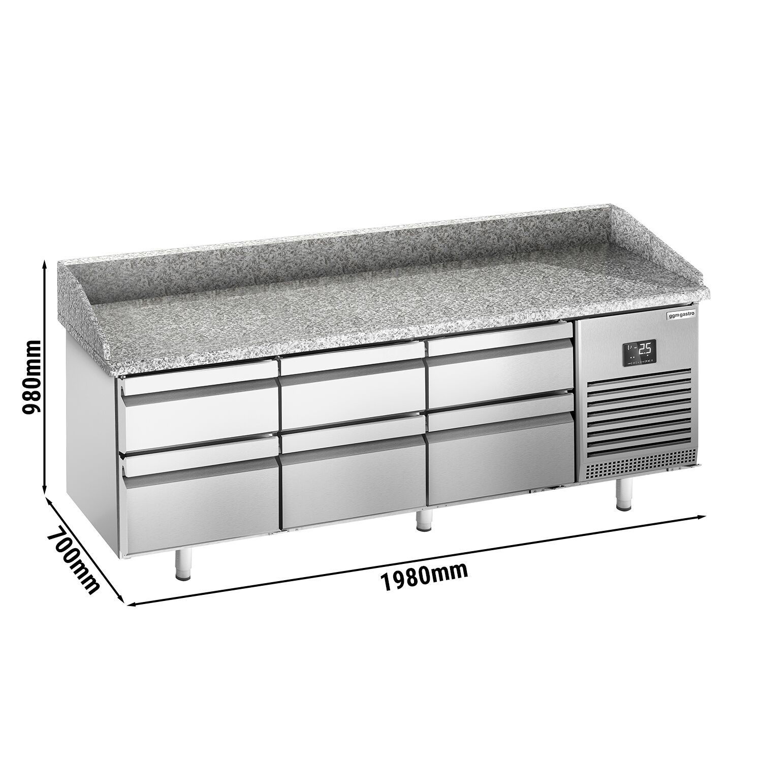 Commercial Pizza Prep Counter - Granite Top PREMIUM PLUS - 1980x700mm - with 0 doors & 6 drawers
