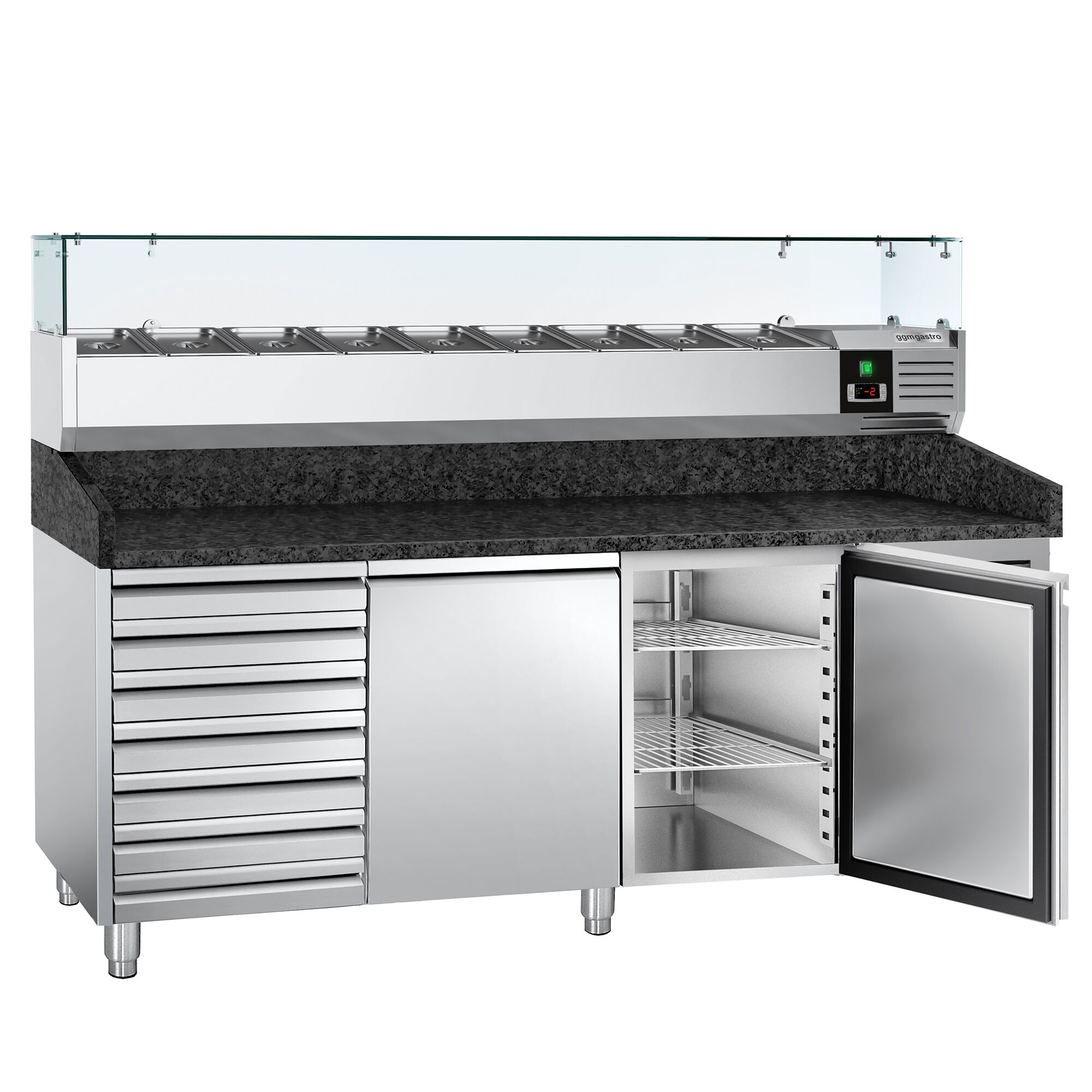 Table réfrigérée à pizza PREMIUM - 2000 x 800 mm - avec 2 portes et 7 tiroirs - incl. vitrine réfrigérée - 9 x GN 1/3