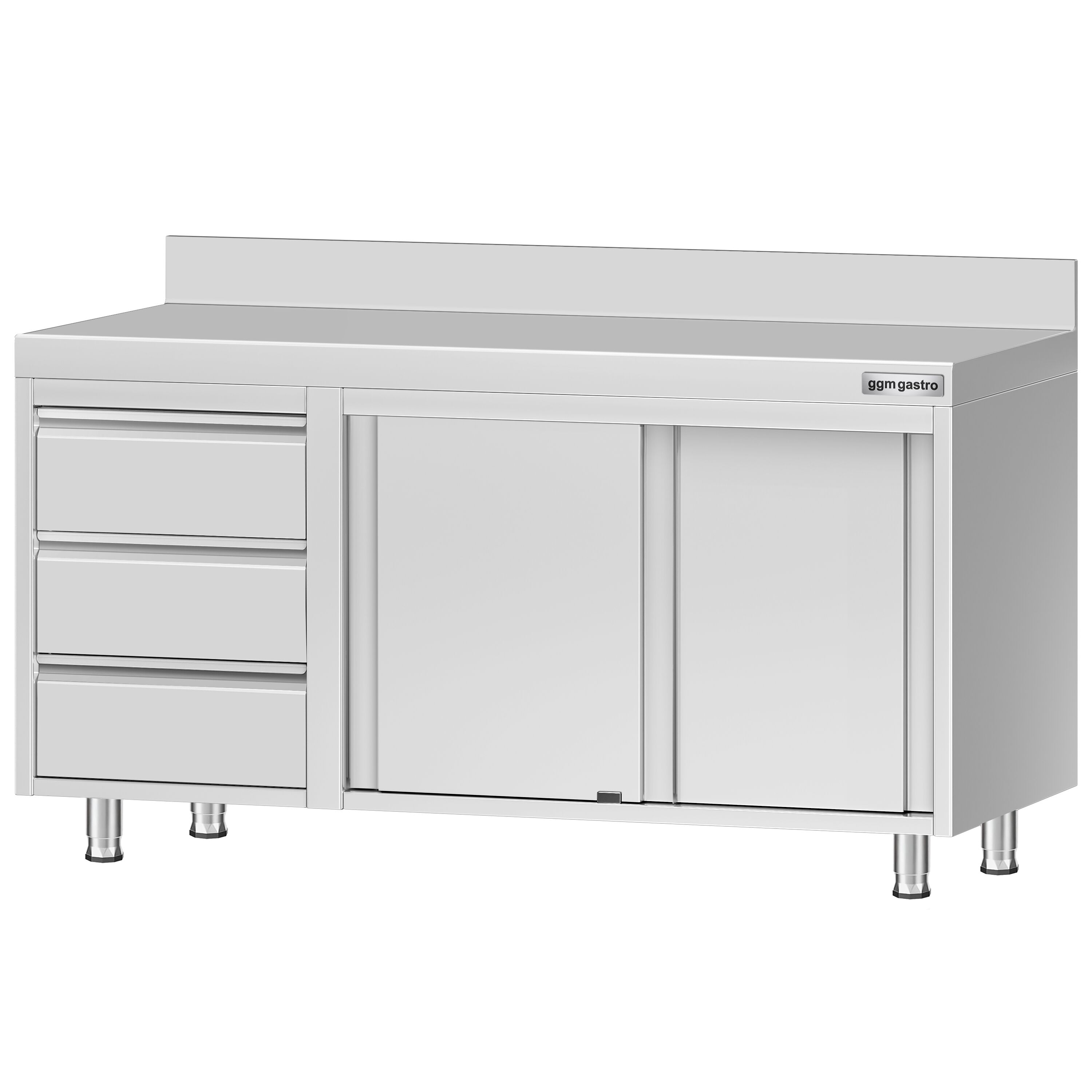 Table armoire en acier inoxydable ECO - 1400x600mm - avec 3 tiroirs à gauche et portes coulissantes et étagère basse - avec dosseret