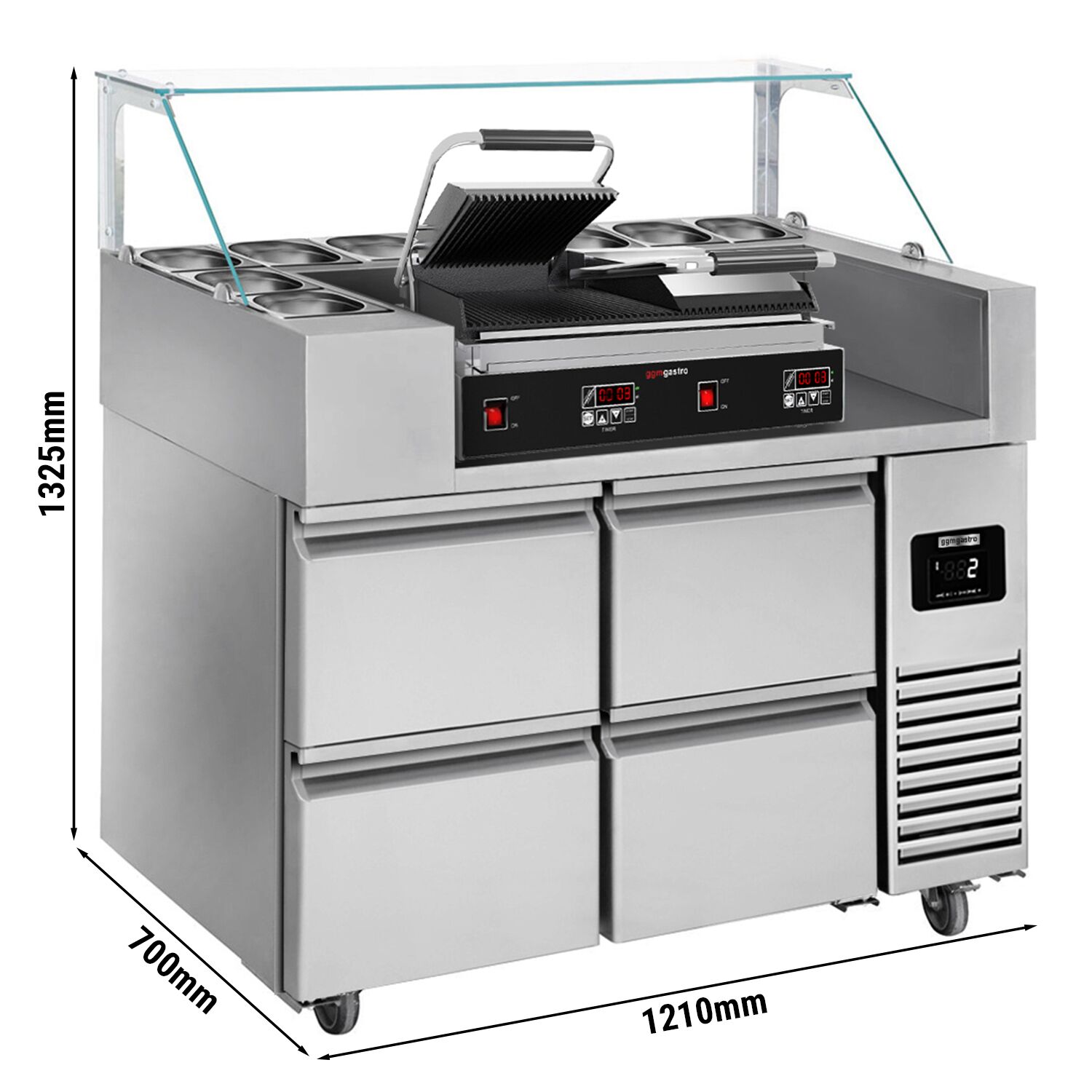 Saladette réfrigérée professionnelle - 1210x700mm - 4 tiroirs - pour 9x GN 1/6 - incl. vitrine à ingrédients