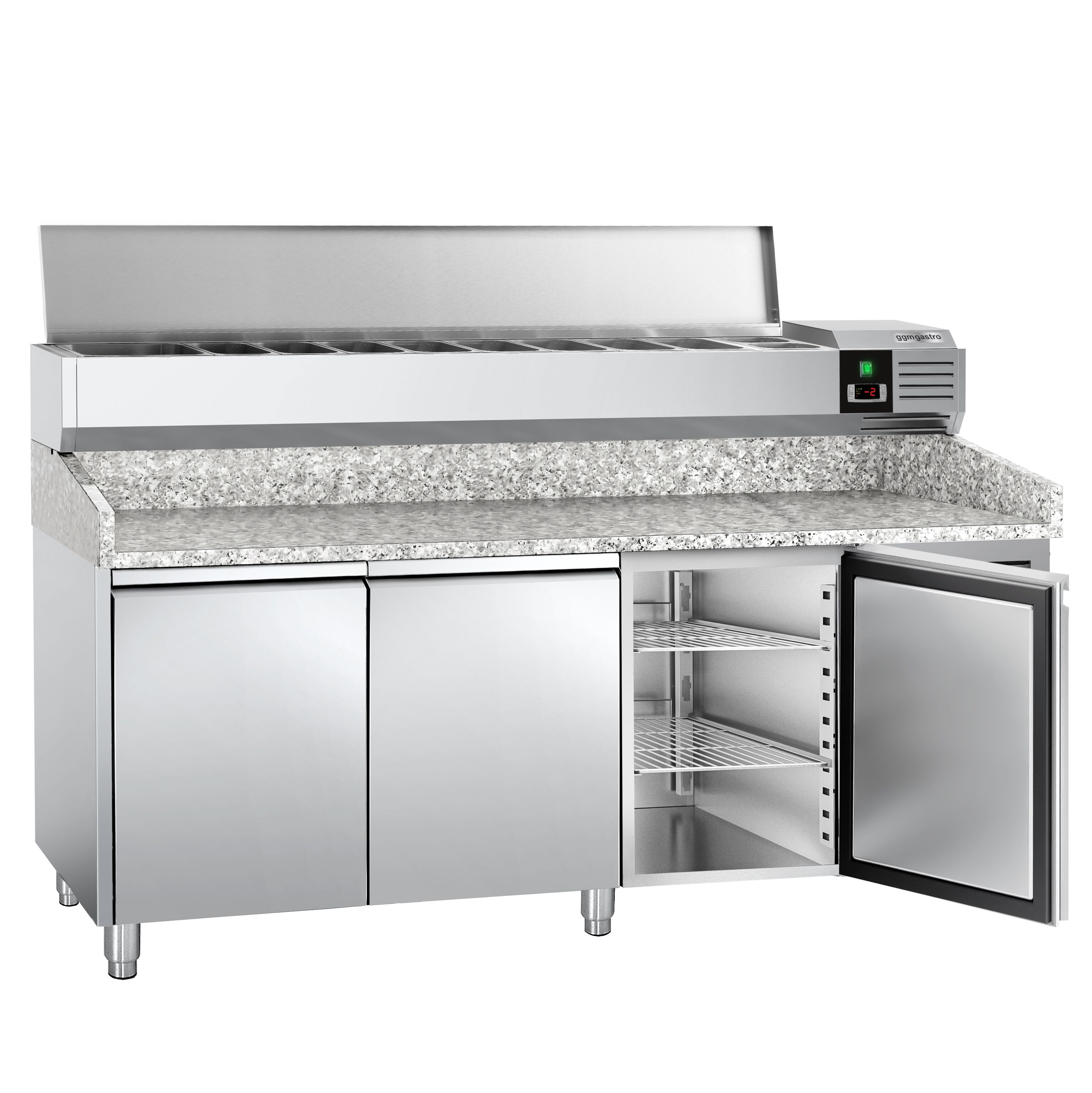 Table réfrigérée à pizza PREMIUM - 2000 x 800 mm - avec 3 portes - incl. vitrine réfrigérée - 10 x GN 1/4