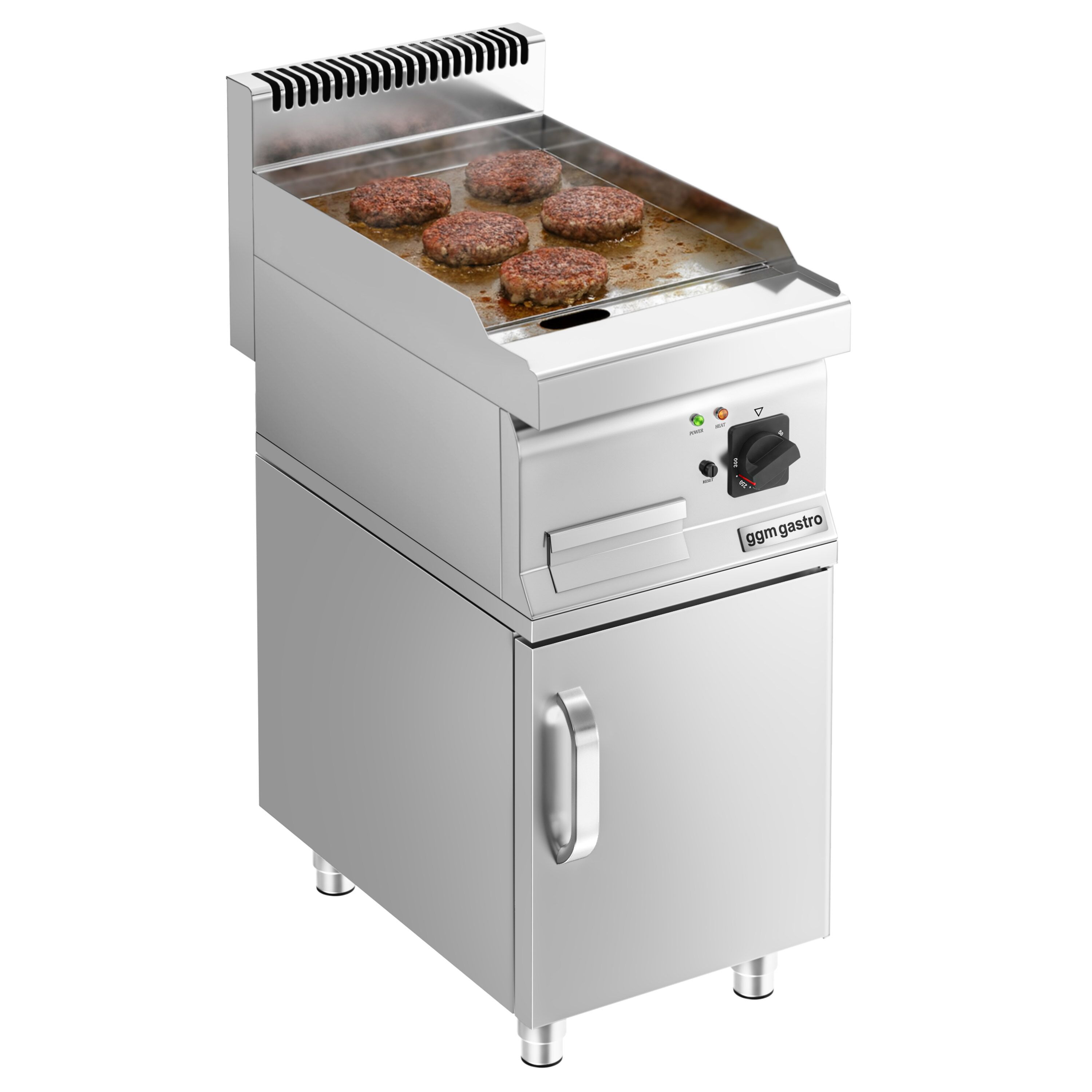 Plancha électrique - plaque chromée dure - 4,5 kW - Lisse - Surface de cuisson : 395x500mm - incl. soubassement avec 1 porte