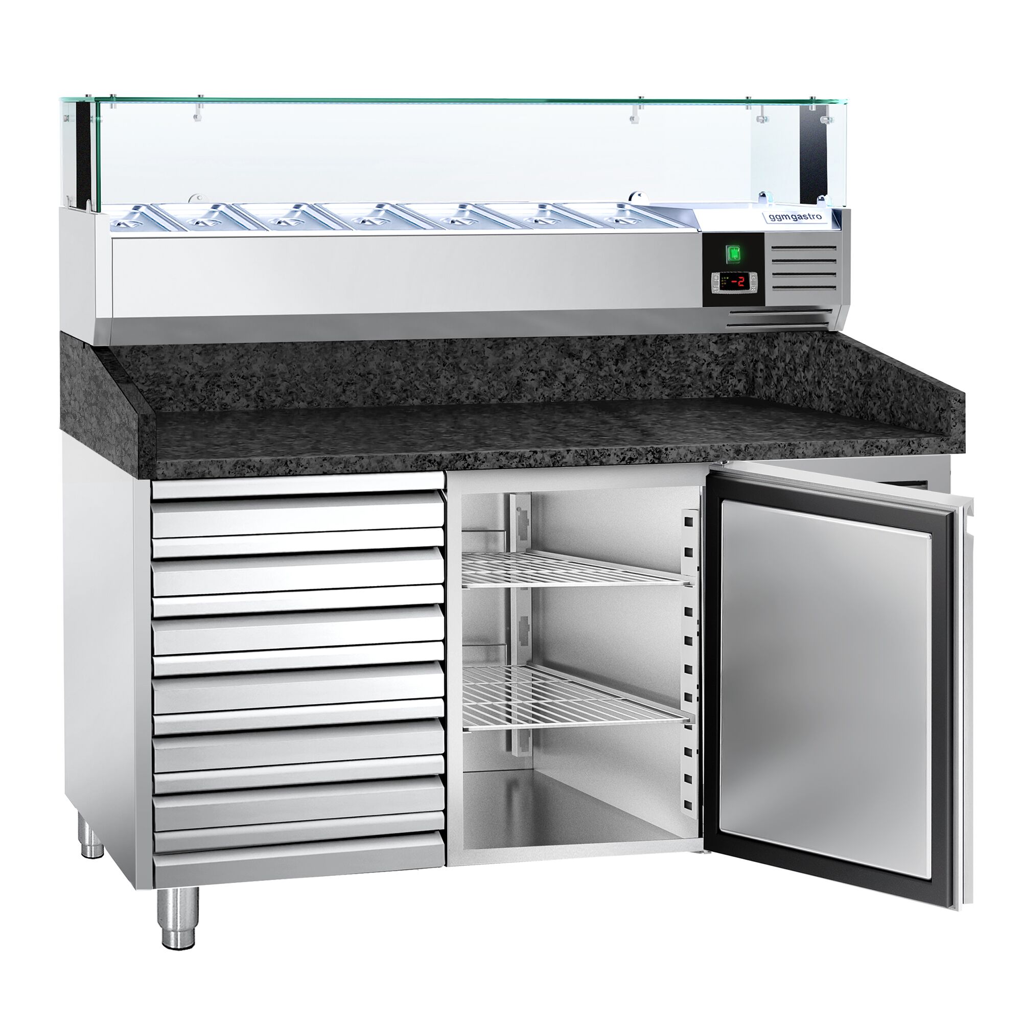 Table réfrigérée à pizza PREMIUM - 1500x800 mm - avec 1 porte & 7 tiroirs - incl. vitrine réfrigérée LED - 7x GN 1/4