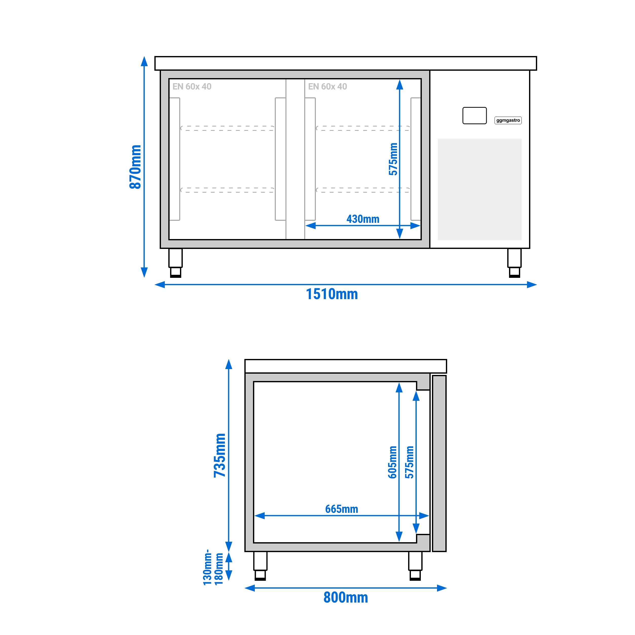 Table réfrigérée de boulangerie PREMIUM - 1550 x 800 mm - avec 2 portes