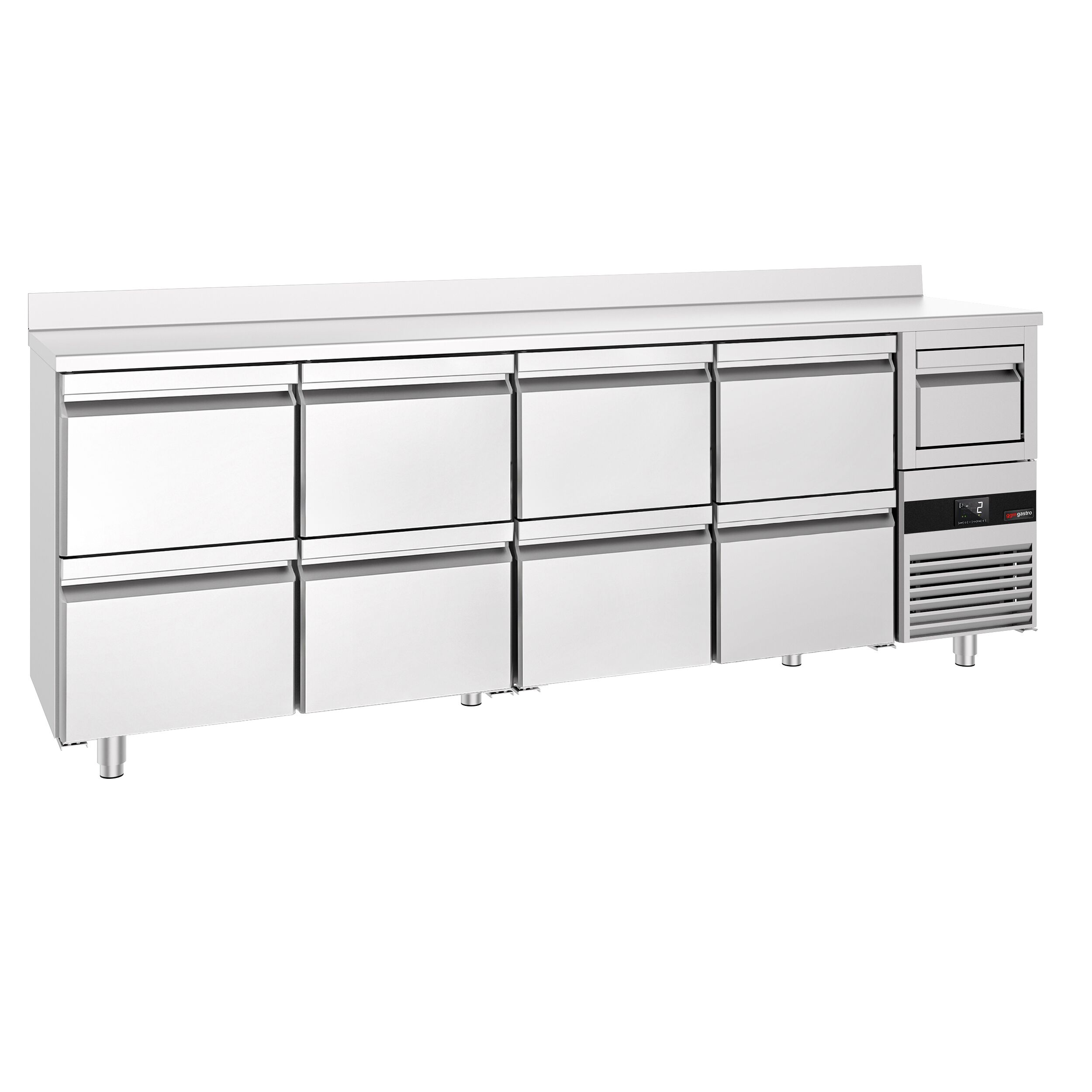 Arrière-bar réfrigéré professionnel PREMIUM - 2690x600 mm - avec 8 tiroirs 1/2, dosseret & bac à marc pour café