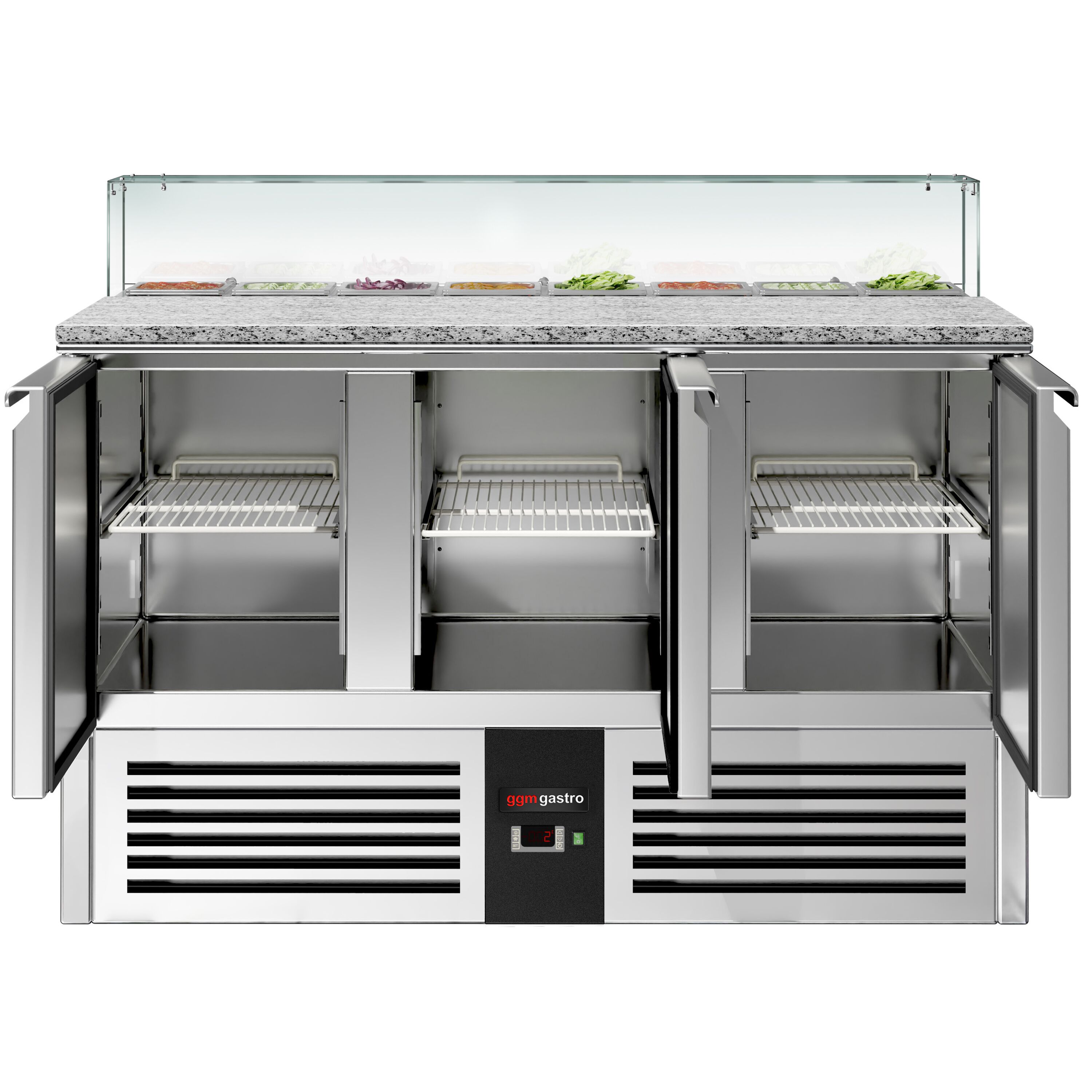 Saladette réfrigérée PREMIUM - 1368mm - 368L - 3 portes - avec vitrine de comptoir pour 8x GN 1/6