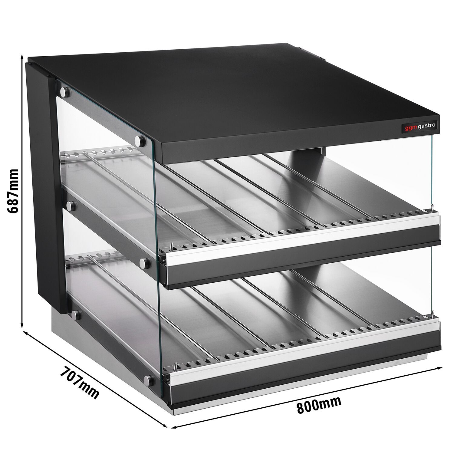 Vitrine chaude - 800mm - 1,16kW - avec 2 étagères - Noir