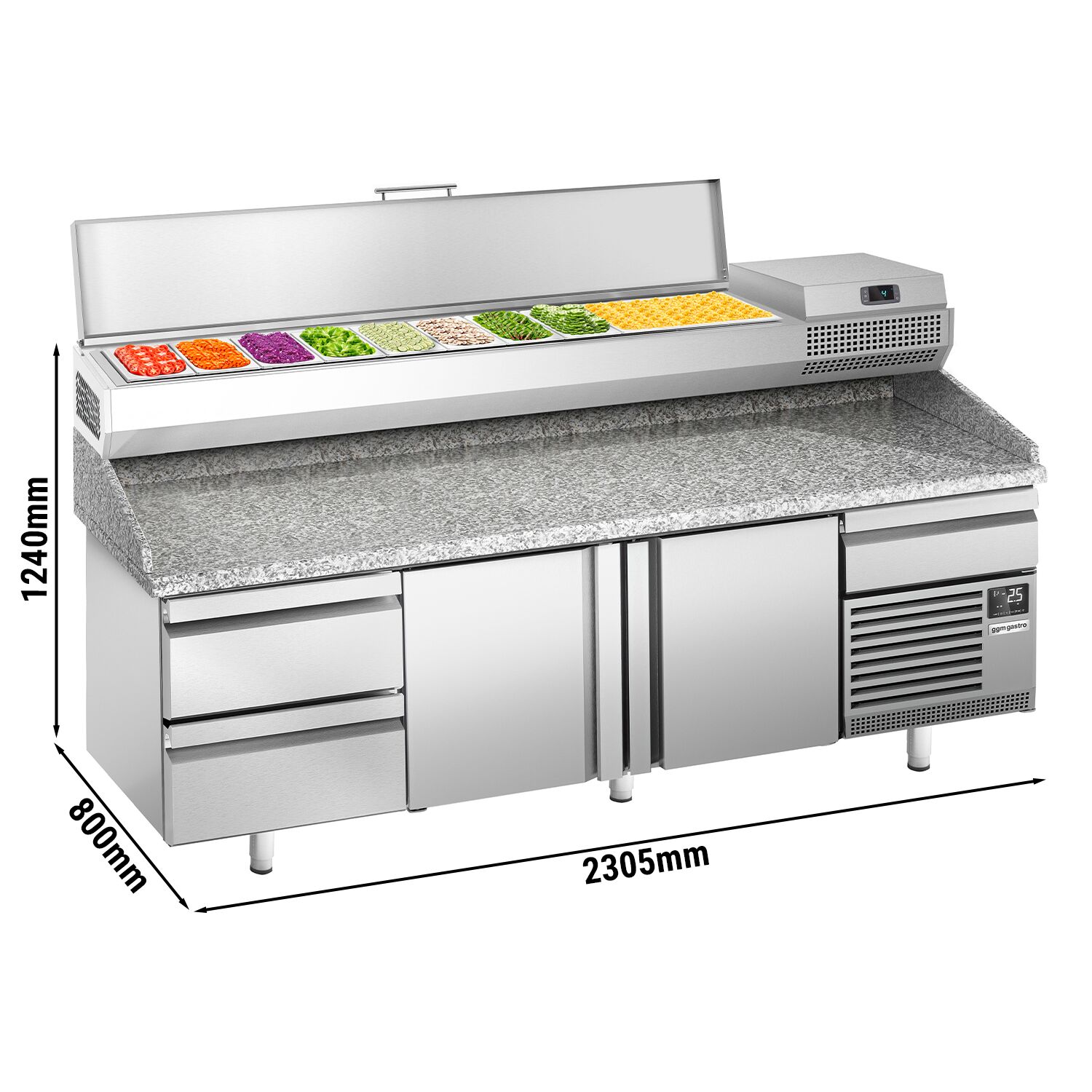 Table réfrigérée à pizza Premium PLUS - 2305 x 800 mm - avec 2 portes & 3 tiroirs - incl. vitrine réfrigérée de présentation - 10x GN 1/3