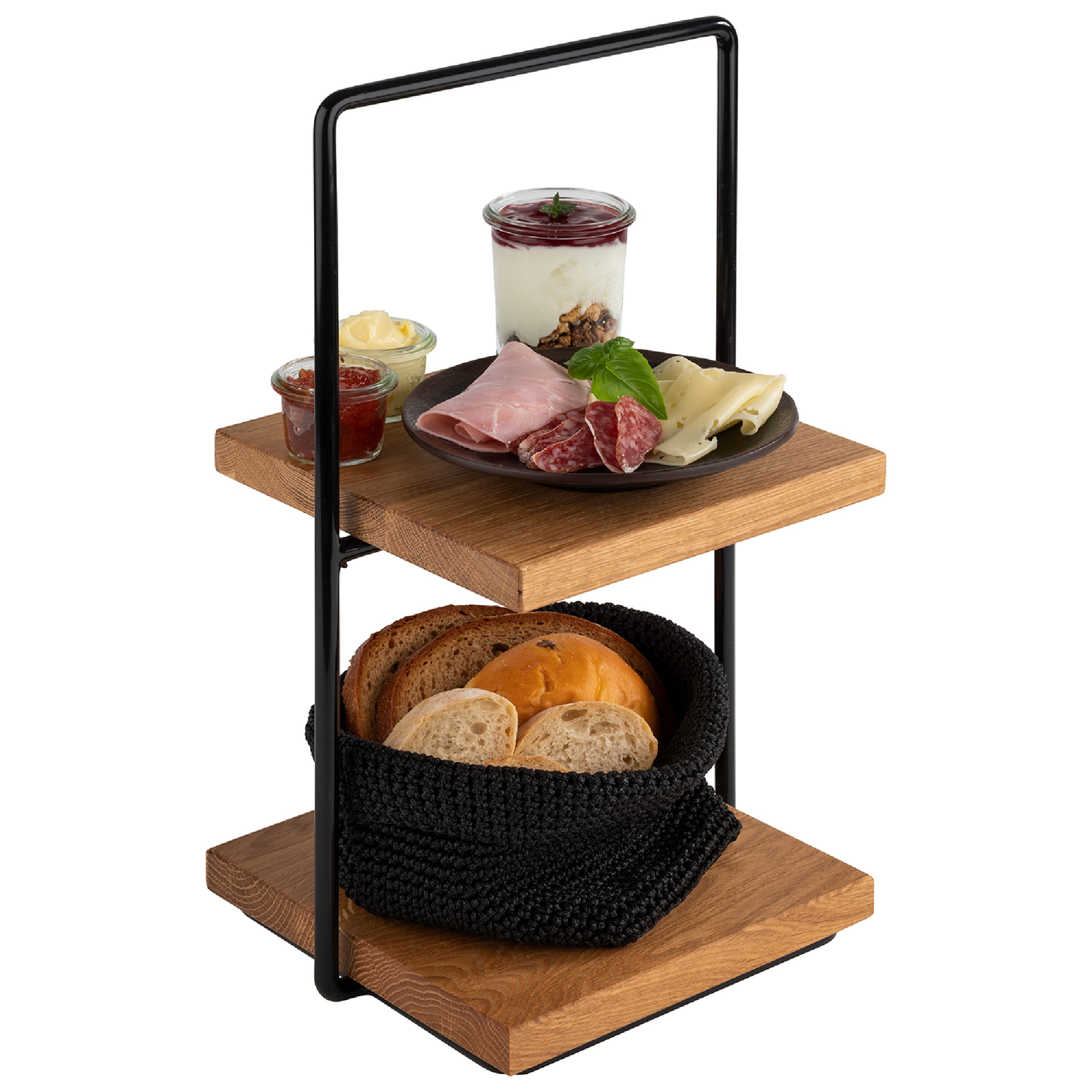 Présentoir buffet - 2 niveaux - PERFECTO SMALL - Rectangulaire - Structure en métal - Plateaux en chêne/bois