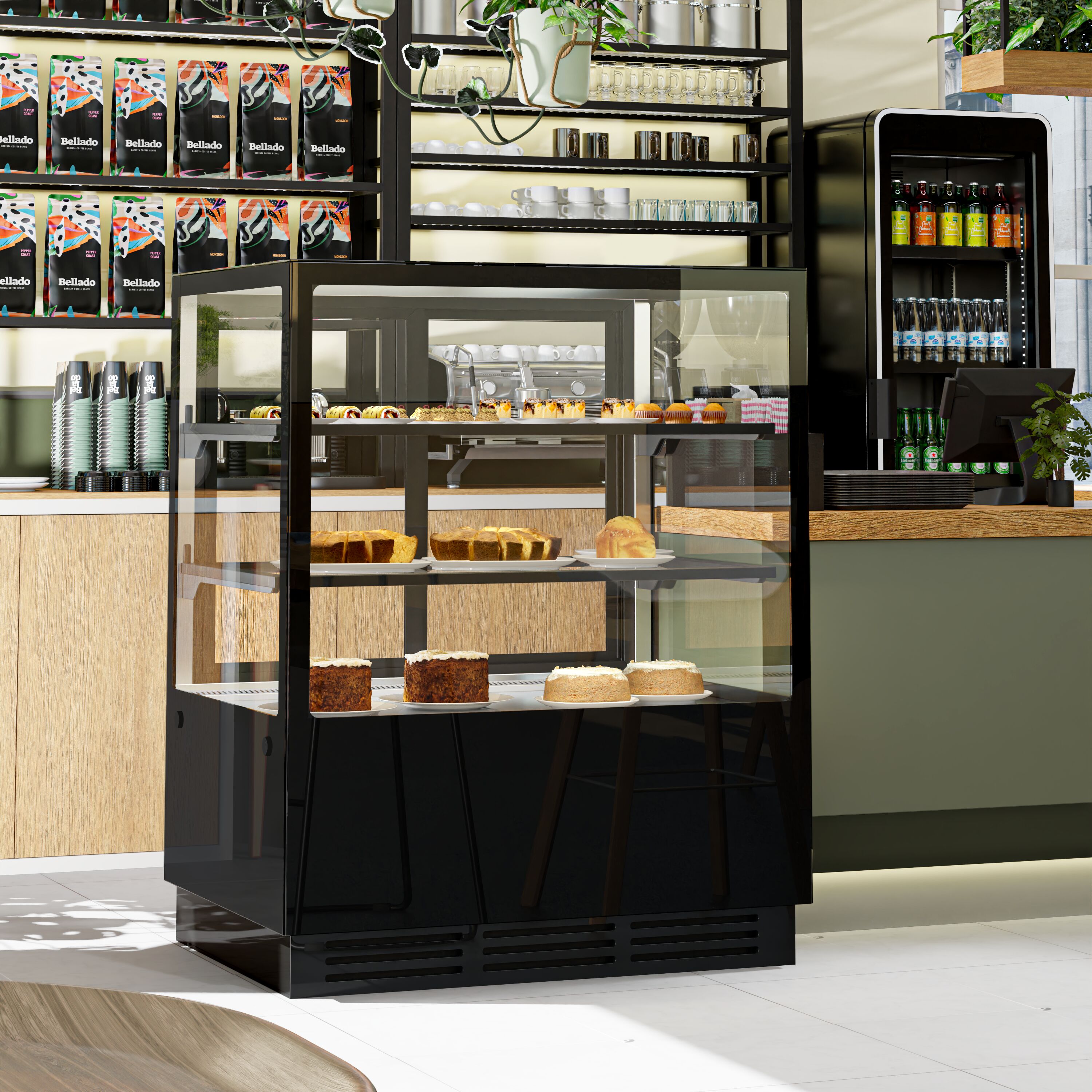 Vitrine à pâtisserie réfrigérée - 378L - 1000mm - Double vitrage - avec 2 étagères en verre - portes coulissantes vitrées arrière - pour pâtisseries - Pour FR - Noir