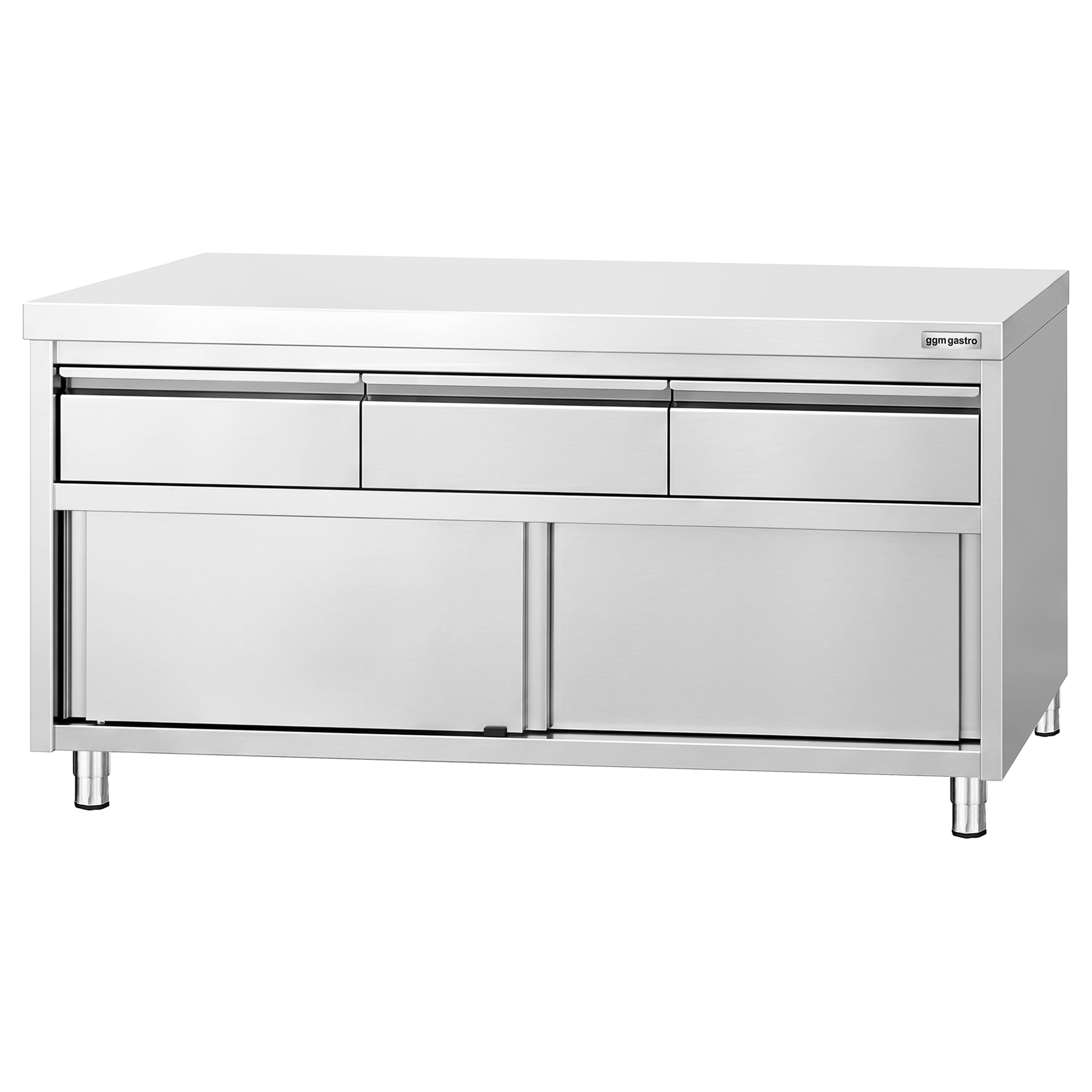 Armoire de travail en acier inoxydable PREMIUM - 1 600 x 600 mm - avec 3 tiroirs et une porte coulissante